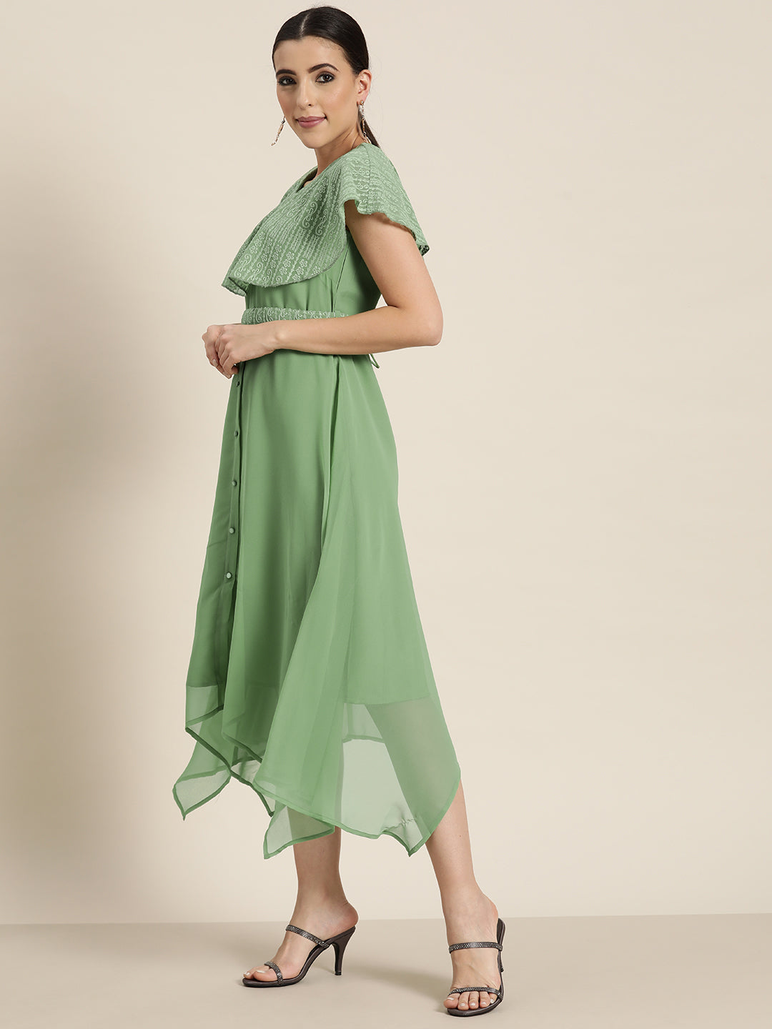 Juniper Sagegreen Georgette Embroidered Assymmetric Dress with Belt - Juniper Fashion