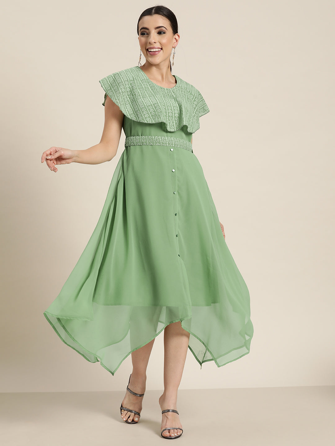 Juniper Sagegreen Georgette Embroidered Assymmetric Dress with Belt - Juniper Fashion