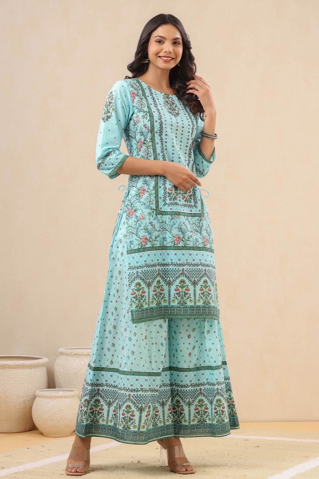 Juniper Women`s Skyblue Cambric Printed Straight Kurta Sets