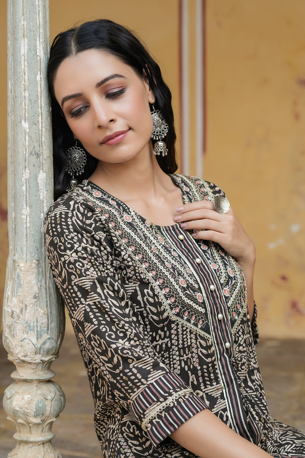Juniper Women`s Black LIVA Embroidered & Printed A-Line Kurta Sets