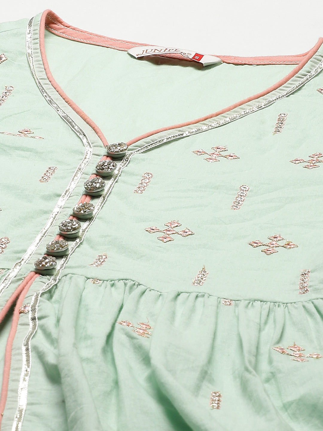 Juniper Women`s Pistagreen Cambric Embroidered Peplum Kurta Sets