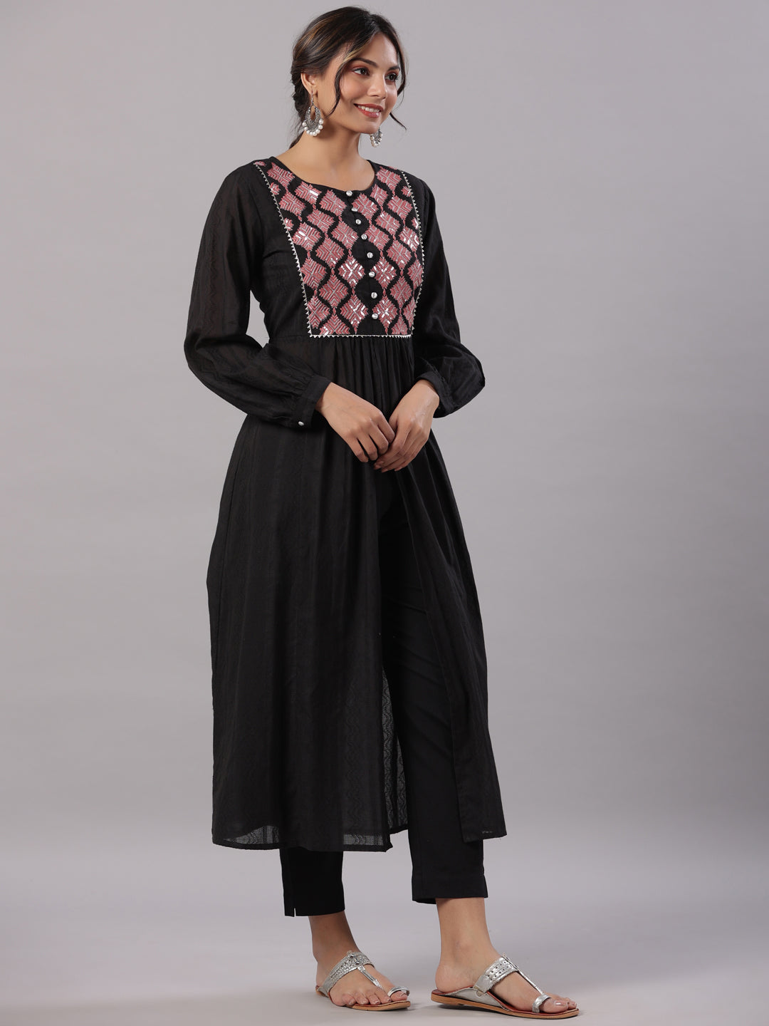 Juniper Women's Black Cotton Dobby Solid With Embroidery Flared Kurta, Trouser & Dupatta Sets