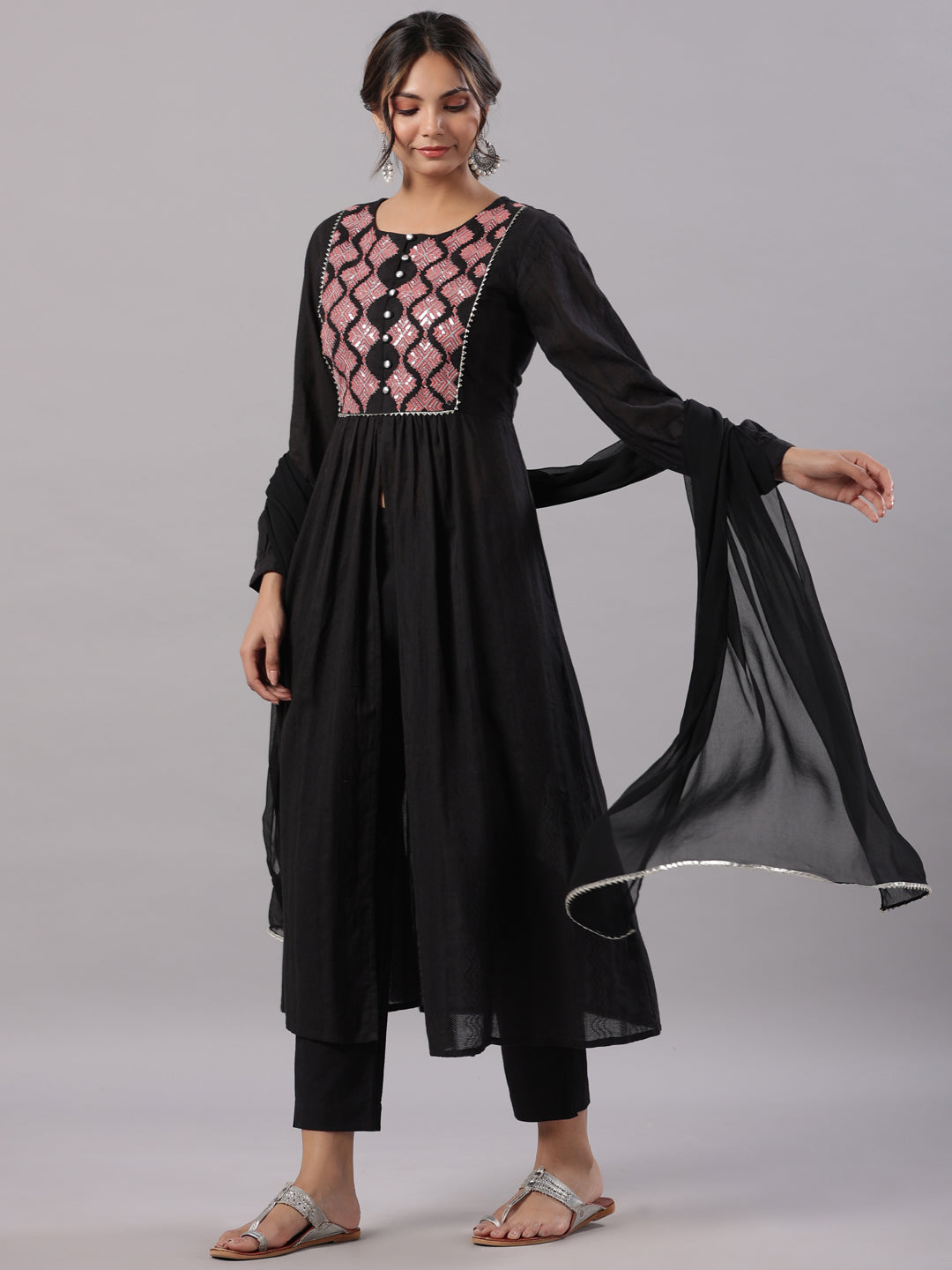Juniper Women's Black Cotton Dobby Solid With Embroidery Flared Kurta, Trouser & Dupatta Sets
