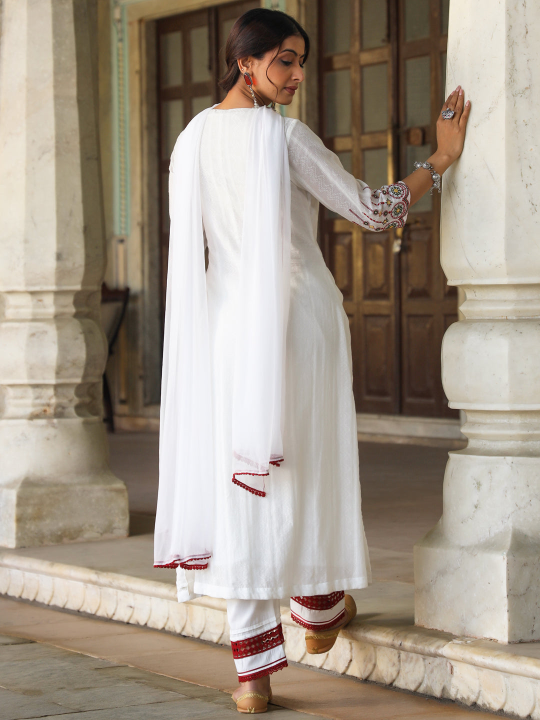 Juniper Women White Cotton Dobby Multi Color Embroidered Straight Kurta, Pant & Dupatta Set