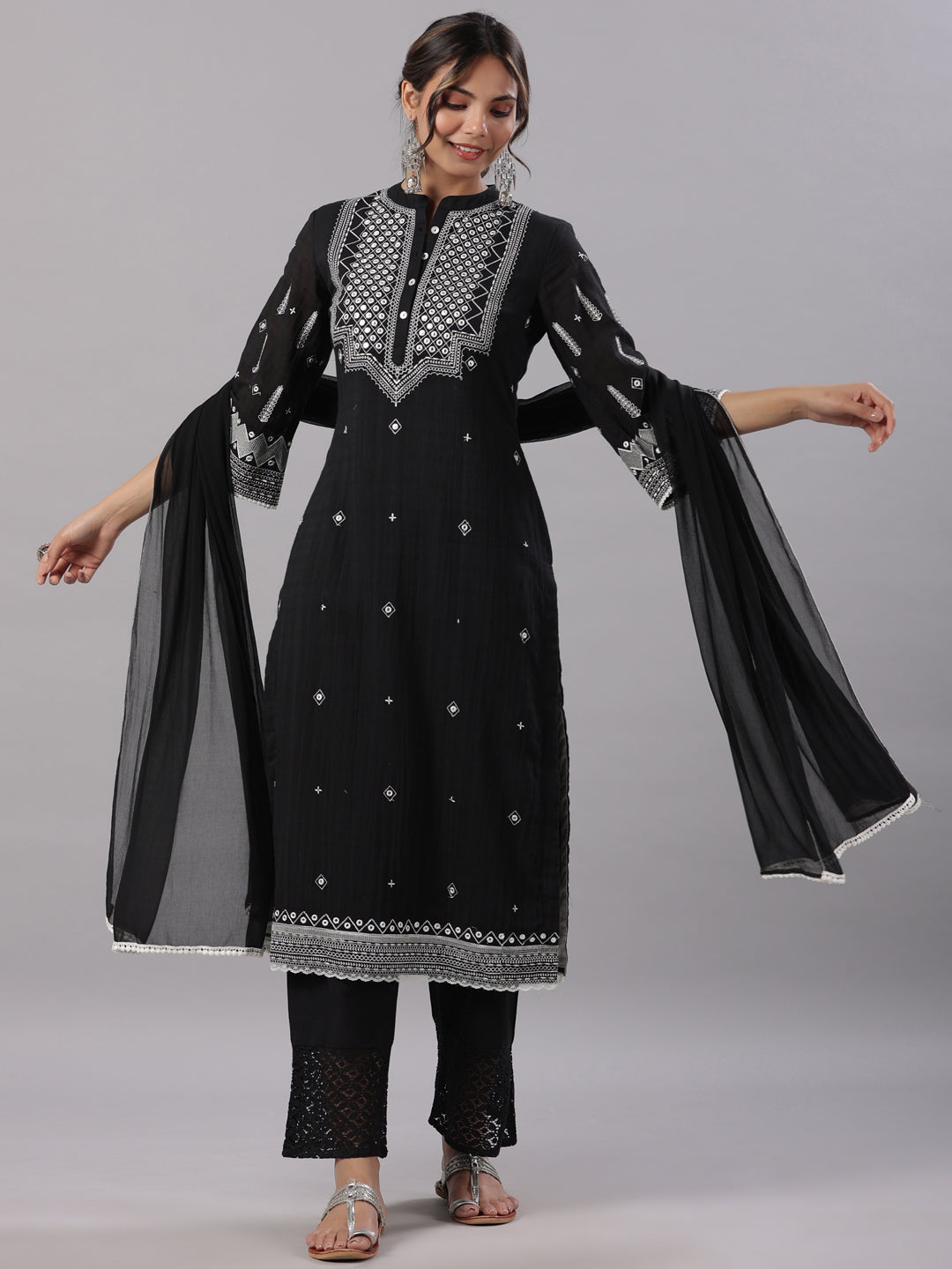 Juniper Women Black Cotton Dobby Embroidered Kurta, Pant & Dupatta Sets