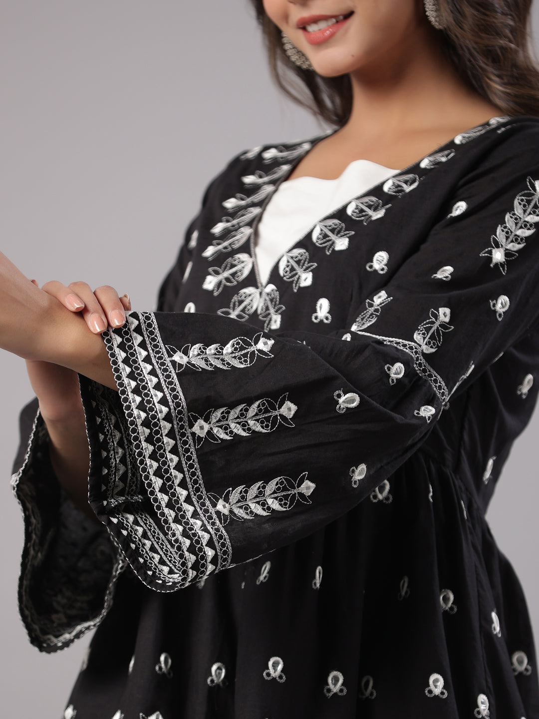 Juniper Women Black Cotton Dobby Embroidered Peplum Tunic