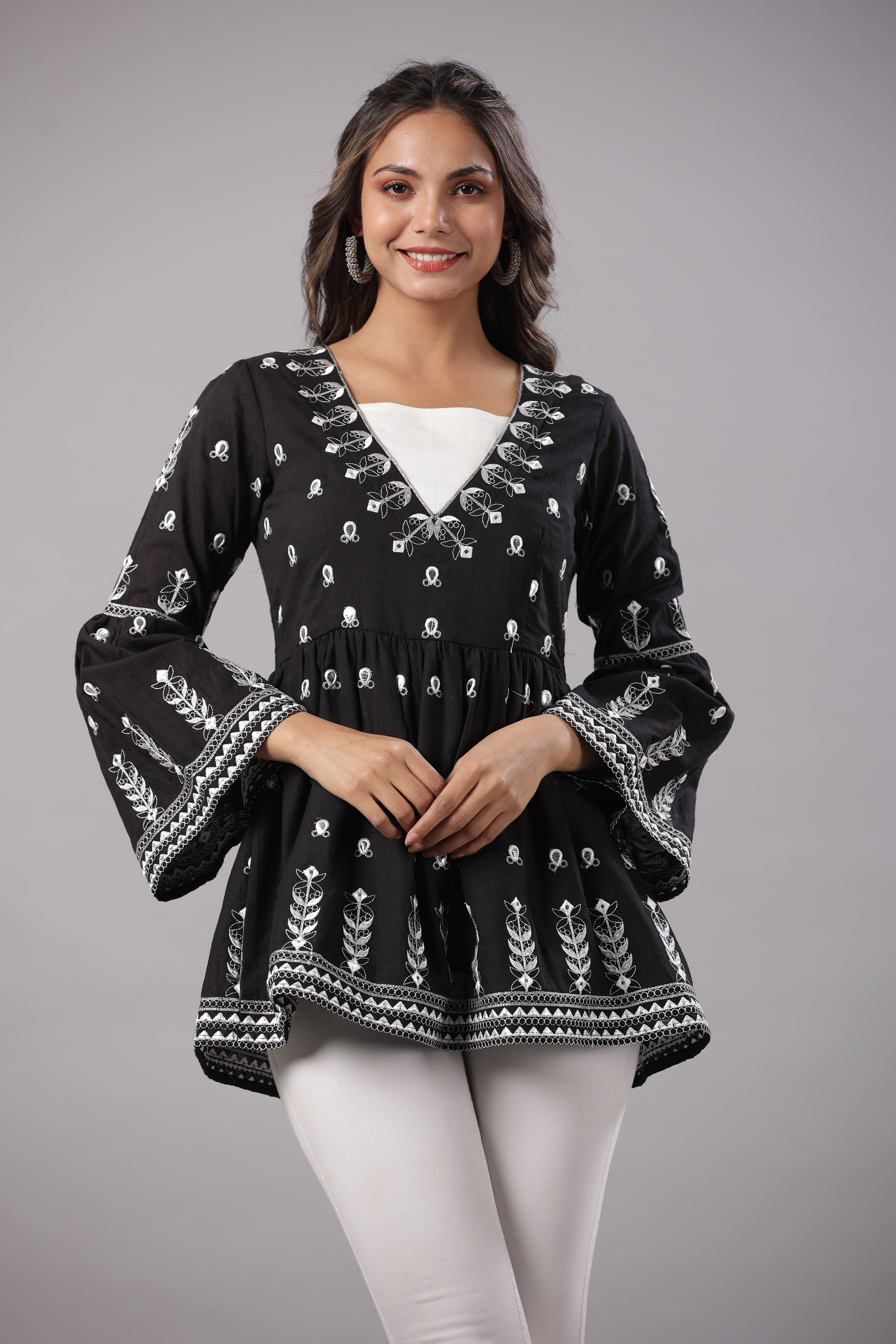 Juniper Black Cotton Dobby Peplum Tunic With Thread & Mirror Embroidery