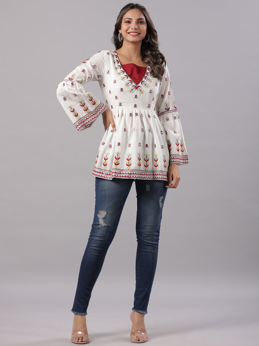 Juniper Multi-Color Cotton Dobby Peplum Tunic With Thread & Mirror Embroidery
