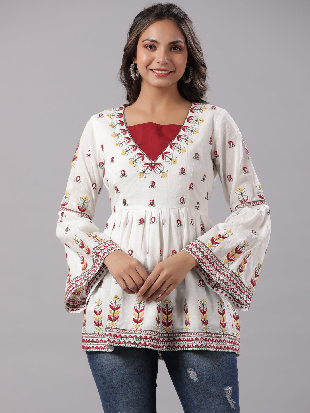 Juniper Multi-Color Cotton Dobby Peplum Tunic With Thread & Mirror Embroidery
