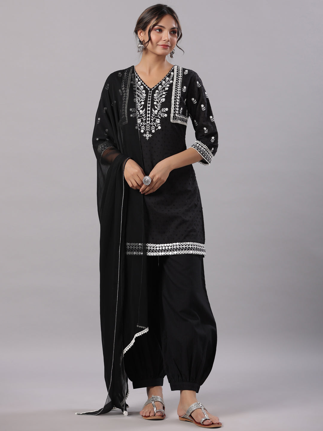 Juniper Women Black Cotton Dobby Embroidered Kurta, Pathani Salwar & Dupatta Set