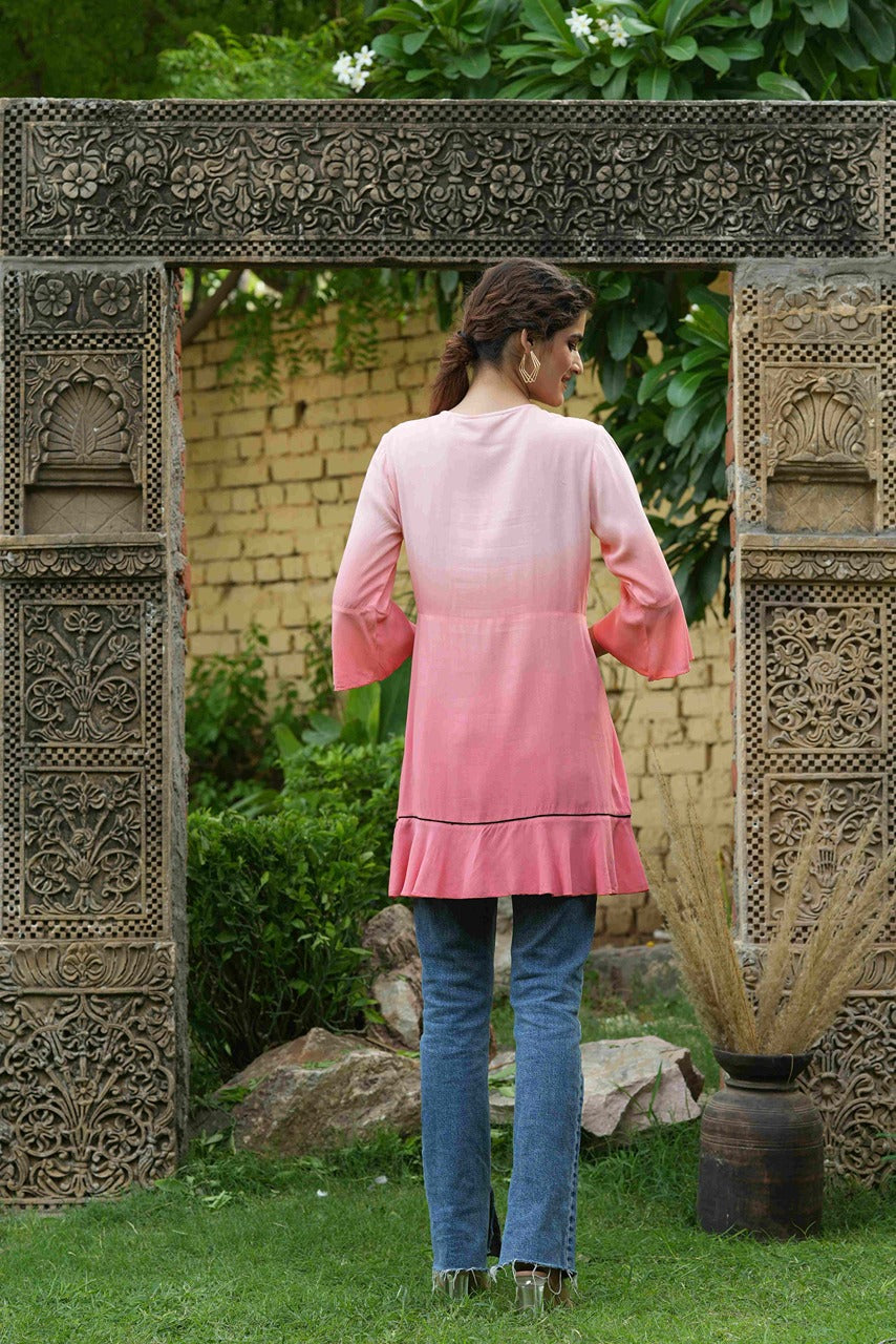 Juniper Peach Rayon Ombre A-Line Tunic With Embroidered Yoke