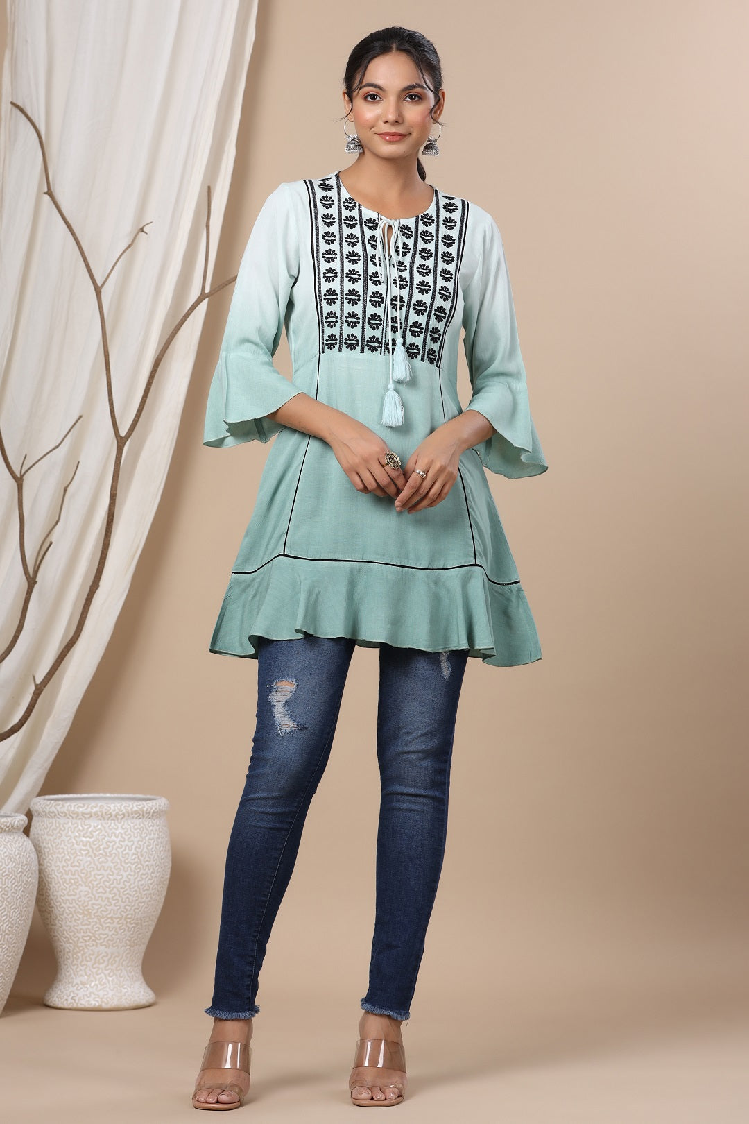 Juniper Sage Green Rayon Ombre A-Line Tunic With Embroidered Yoke