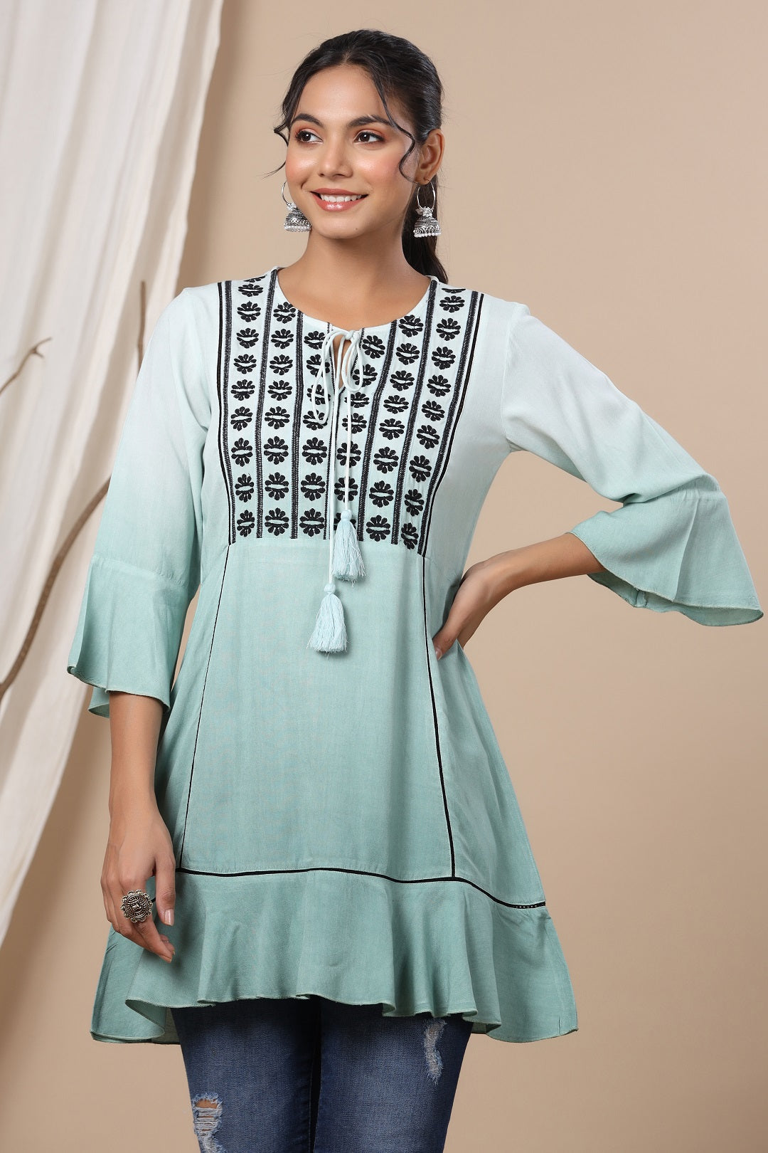 Juniper Sage Green Rayon Ombre A-Line Tunic With Embroidered Yoke