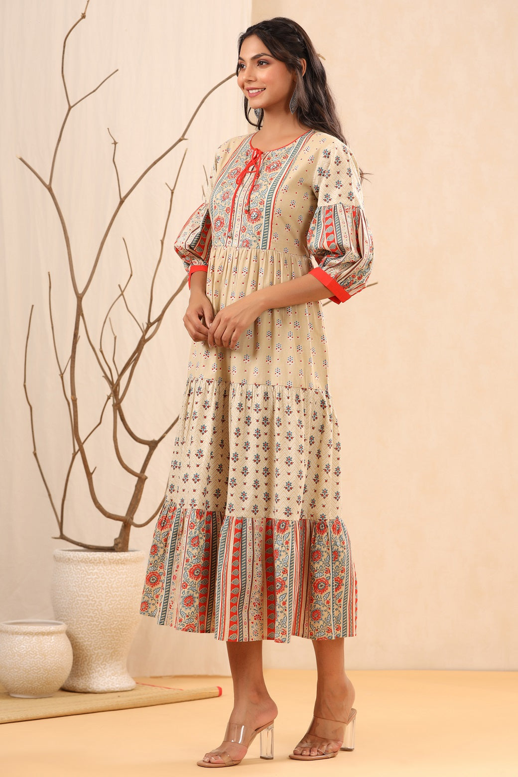 Juniper Beige Cambric Festive Printed Tiered Long Dress For Women