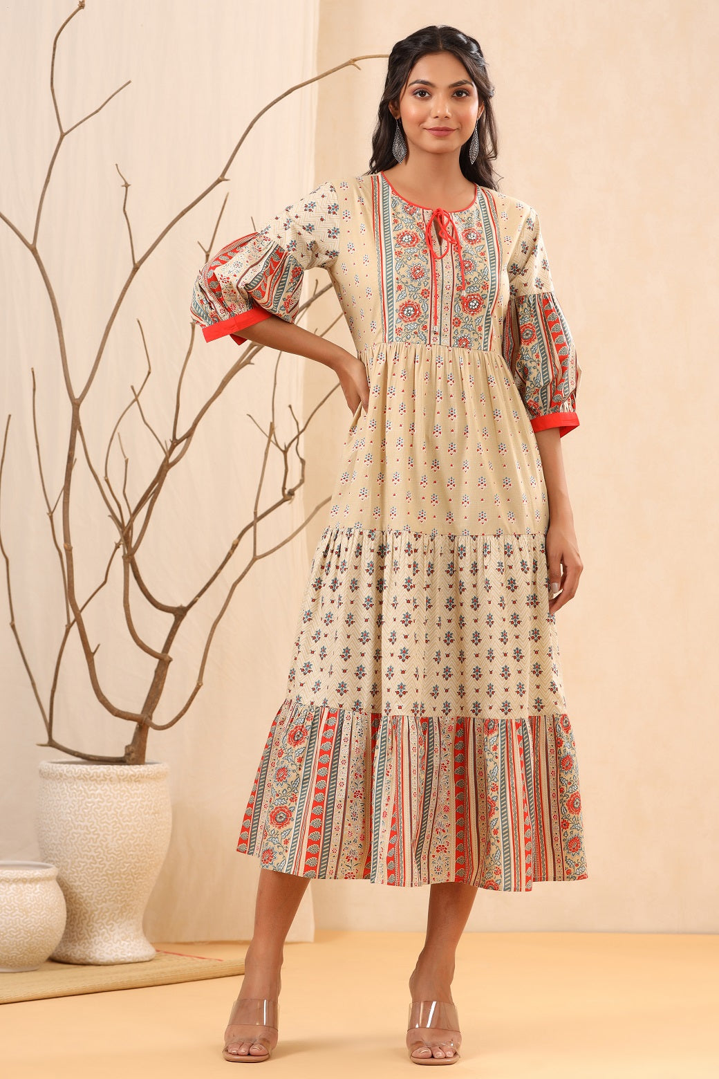 Juniper Beige Cambric Festive Printed Tiered Long Dress For Women