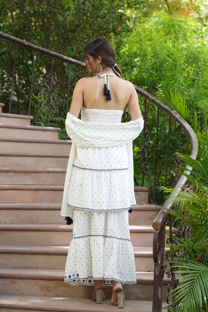 Juniper Off-White Cotton Dobby Kurta Skirt & Dupatta Set With Thread & Mirror Work Embroidery