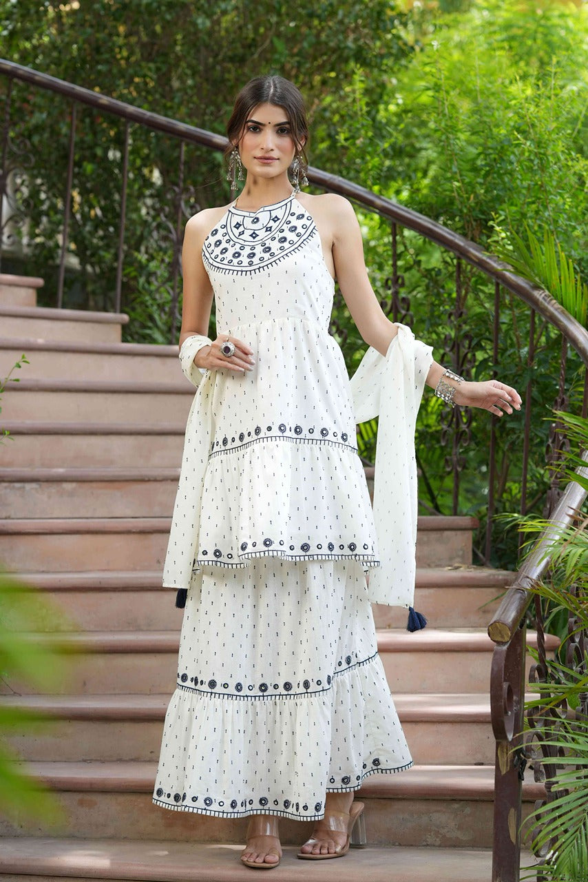 Juniper Off-White Cotton Dobby Kurta Skirt & Dupatta Set With Thread & Mirror Work Embroidery