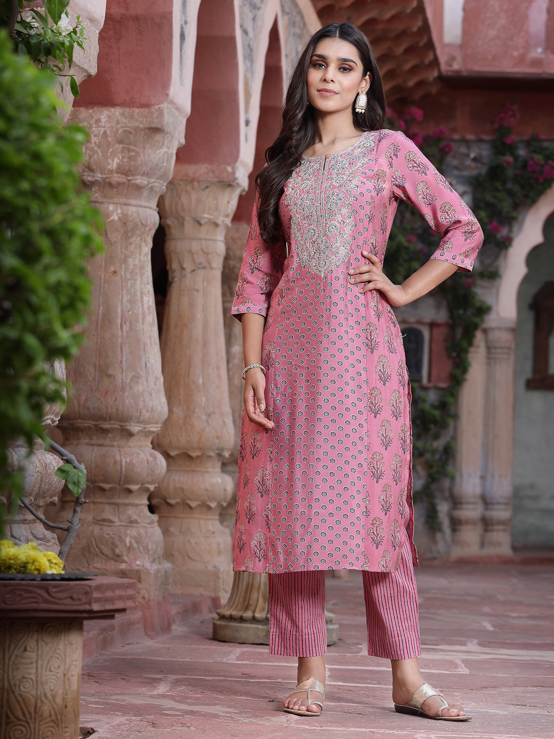 Juniper Pink Ethnic Motif Printed Muslin Straight Kurta & Pure Cotton Pants Set With Zari Work.
