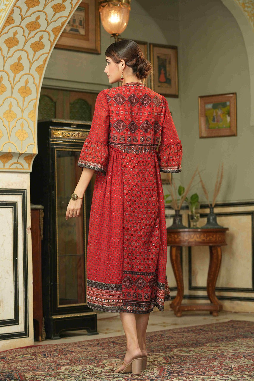 Juniper Red Ethnic Motif Printed Georgette Flared Dress.