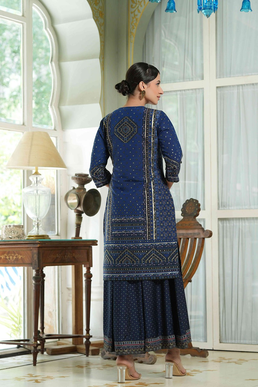 Juniper Indigo Ethnic Motif Printed Chanderi Layered Dress With Zari Work Embroidery