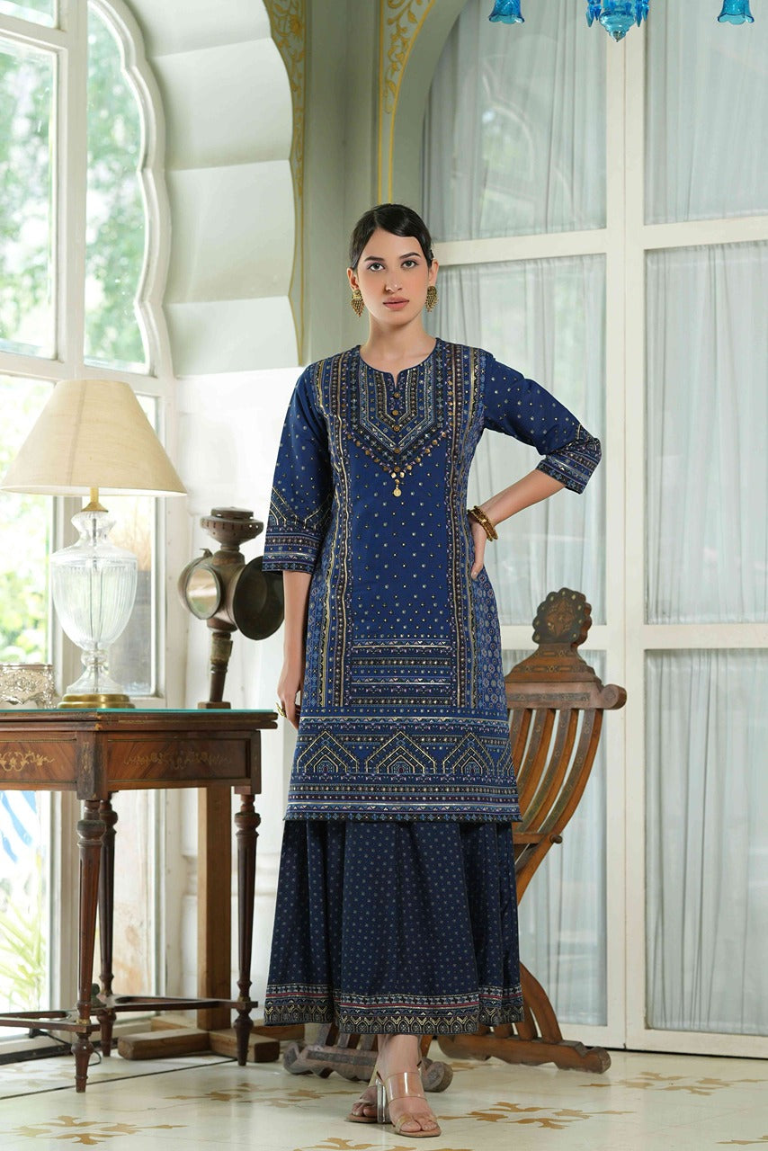 Juniper Indigo Ethnic Motif Printed Chanderi Layered Dress With Zari Work Embroidery
