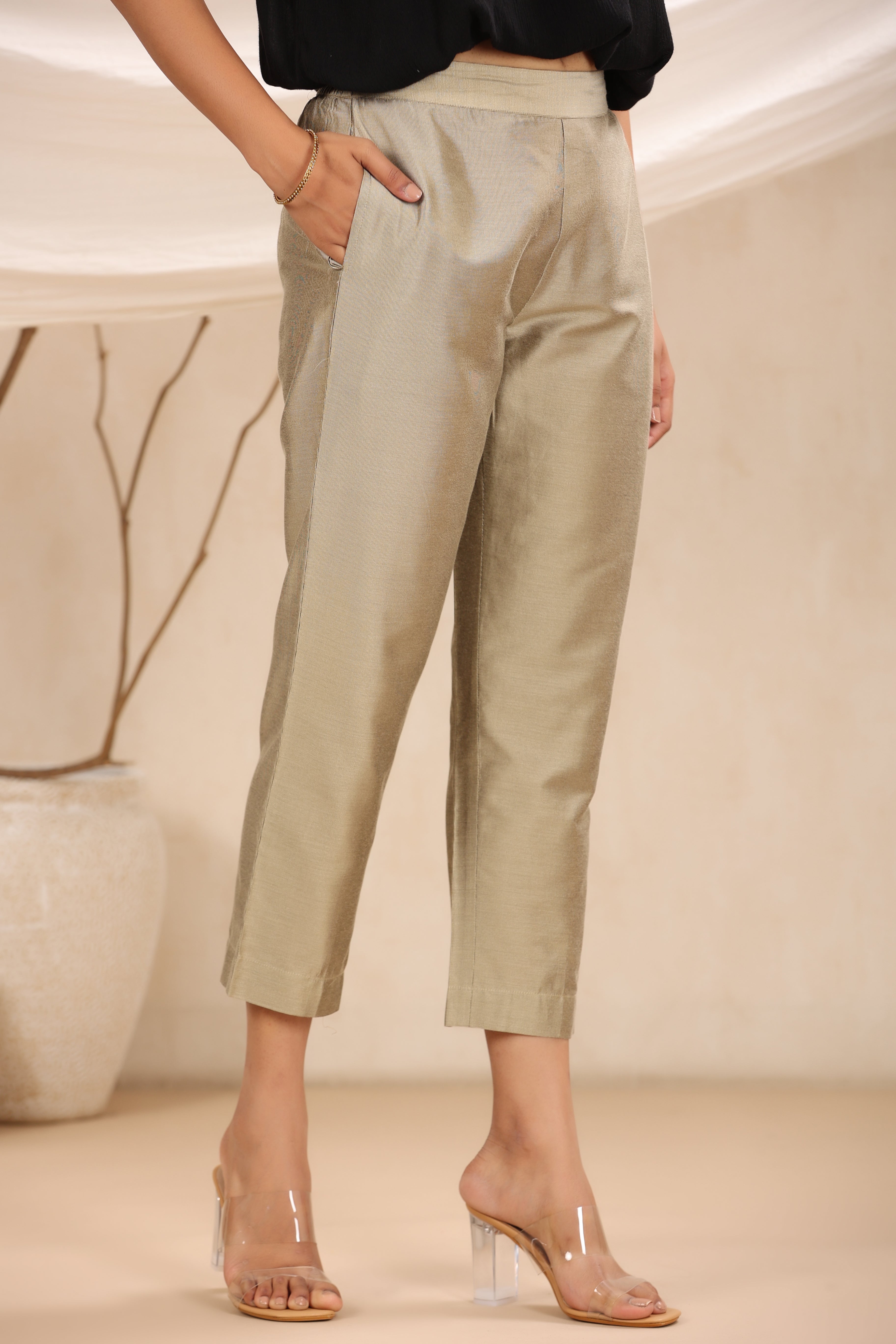 Juniper Beige Silk Festive Solid Straight Pant/Slim Pant For Women