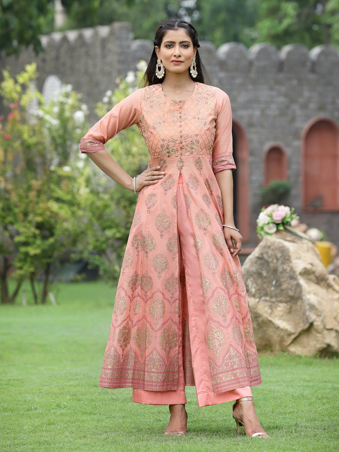 Juniper Peach Chanderi Polyster Print Flared Kurta Pant Dupatta Set For Women