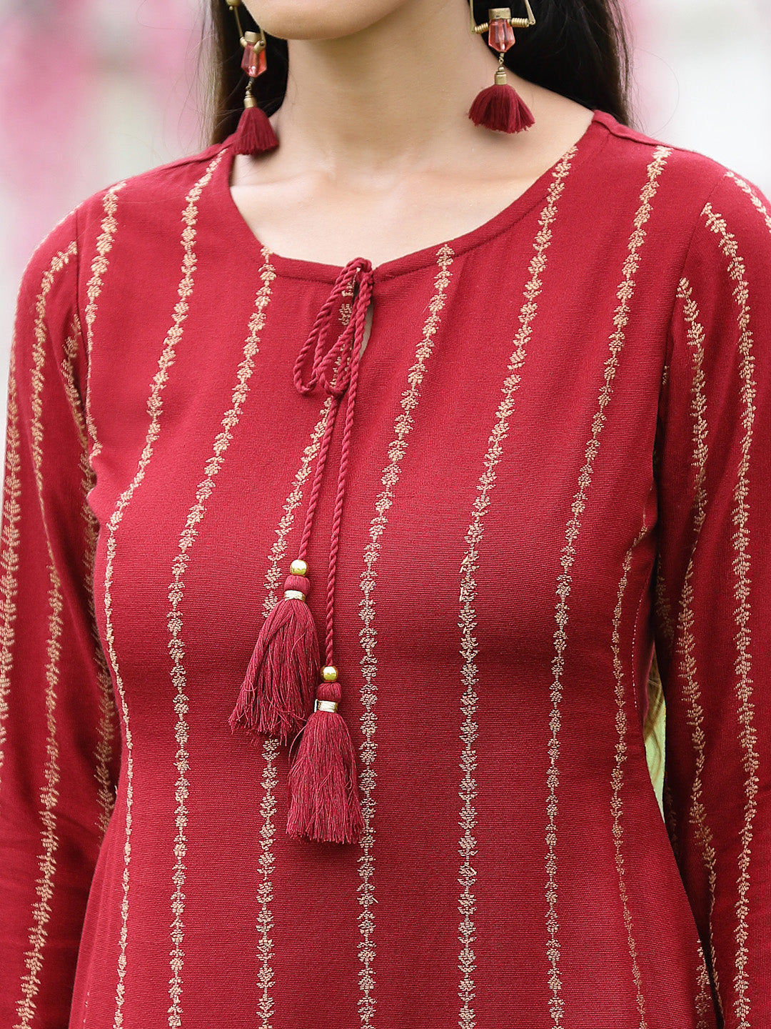 Juniper Women's Acrylyc Viscose Jaquard Knit Maroon Printed Straight Festive Kurta