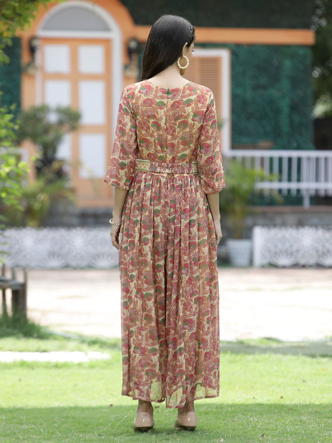 Juniper Women Fuchsia Chiffon Casual Wear Printed Flared Jumpsuit With Belt