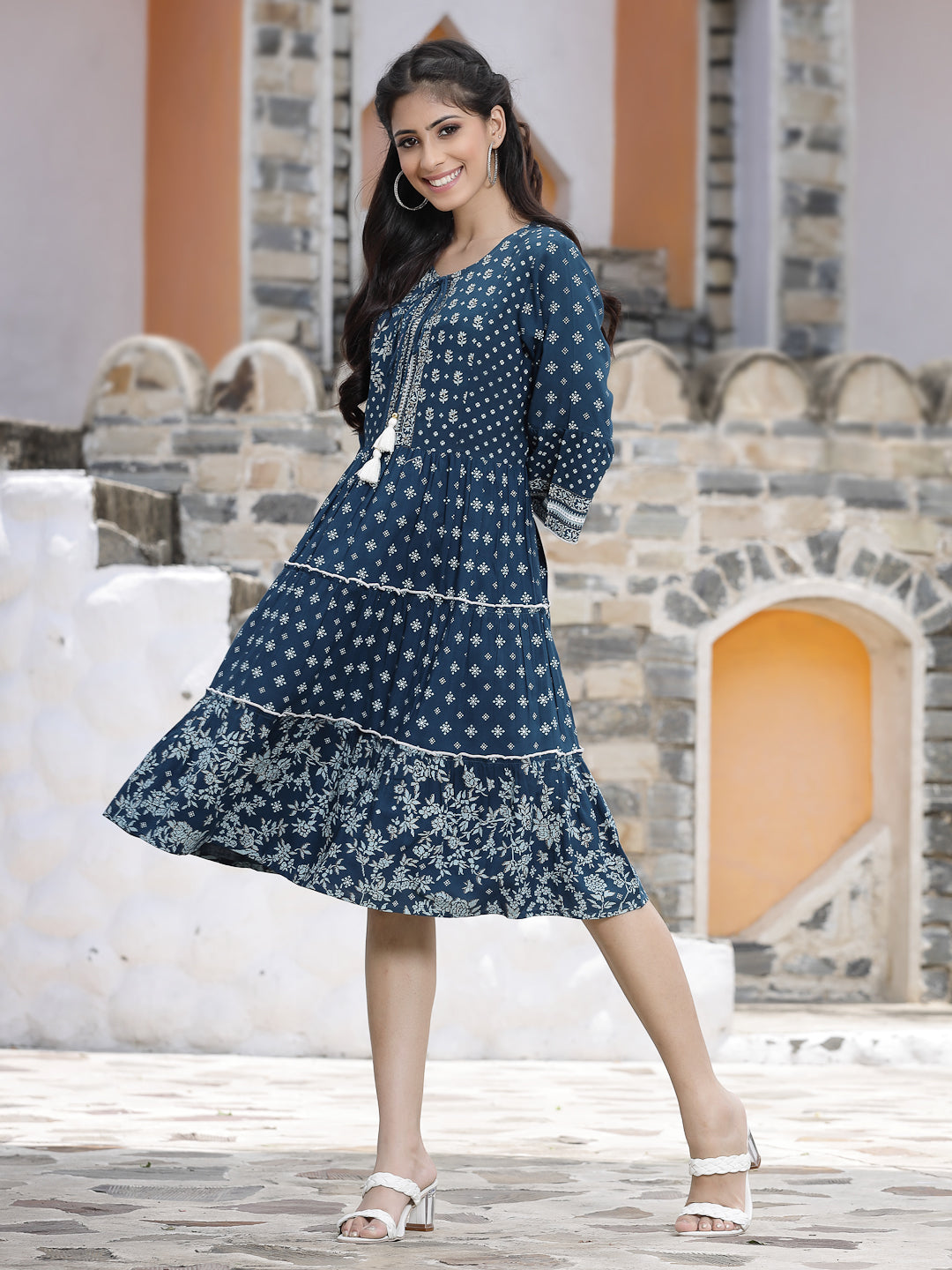 Juniper Women'S Blue LIVA Printed Tiered Short Dress