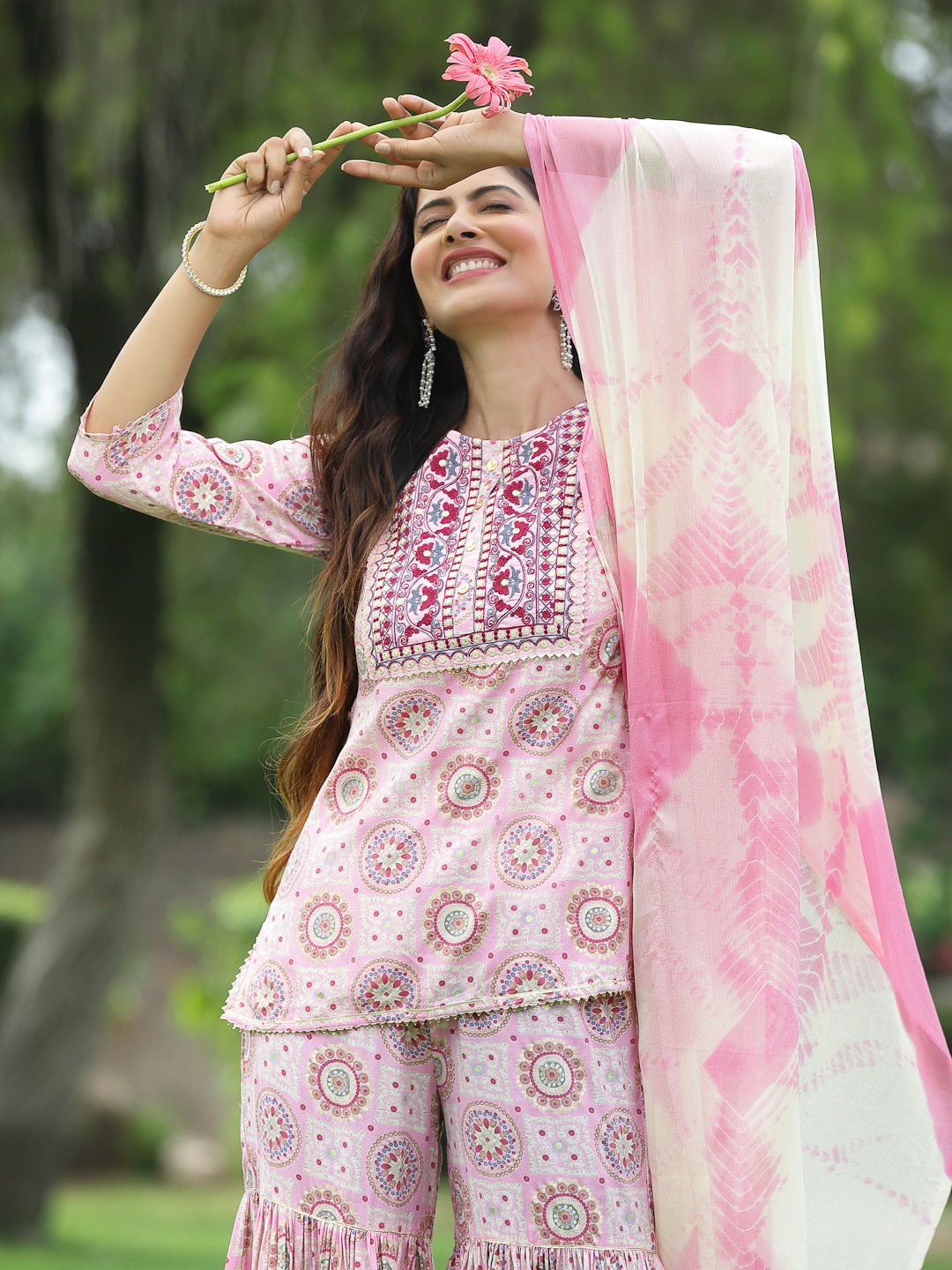 Juniper Pink Geometric Printed & Embroidered Muslin Kurta Sharara & Chiffon Dupatta