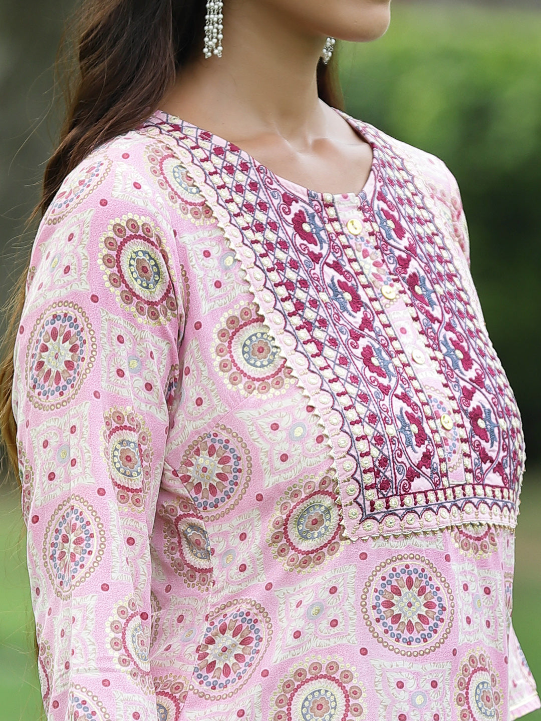 Juniper Pink Geometric Printed & Embroidered Muslin Kurta Sharara & Chiffon Dupatta