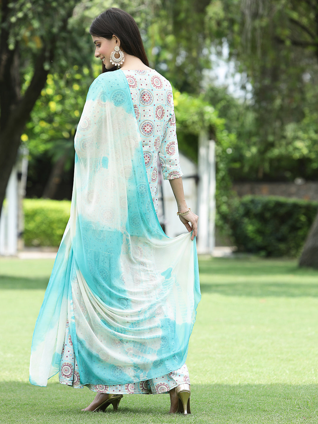 Juniper Skyblue Muslin Festive Wear Mirror Work Straight Kurta Sharara Dupatta Set