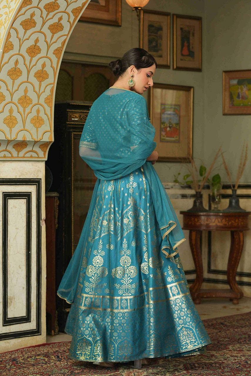 Juniper Teal Santoon Slub Festive Foil Printed Lehenga Choli Set For Women