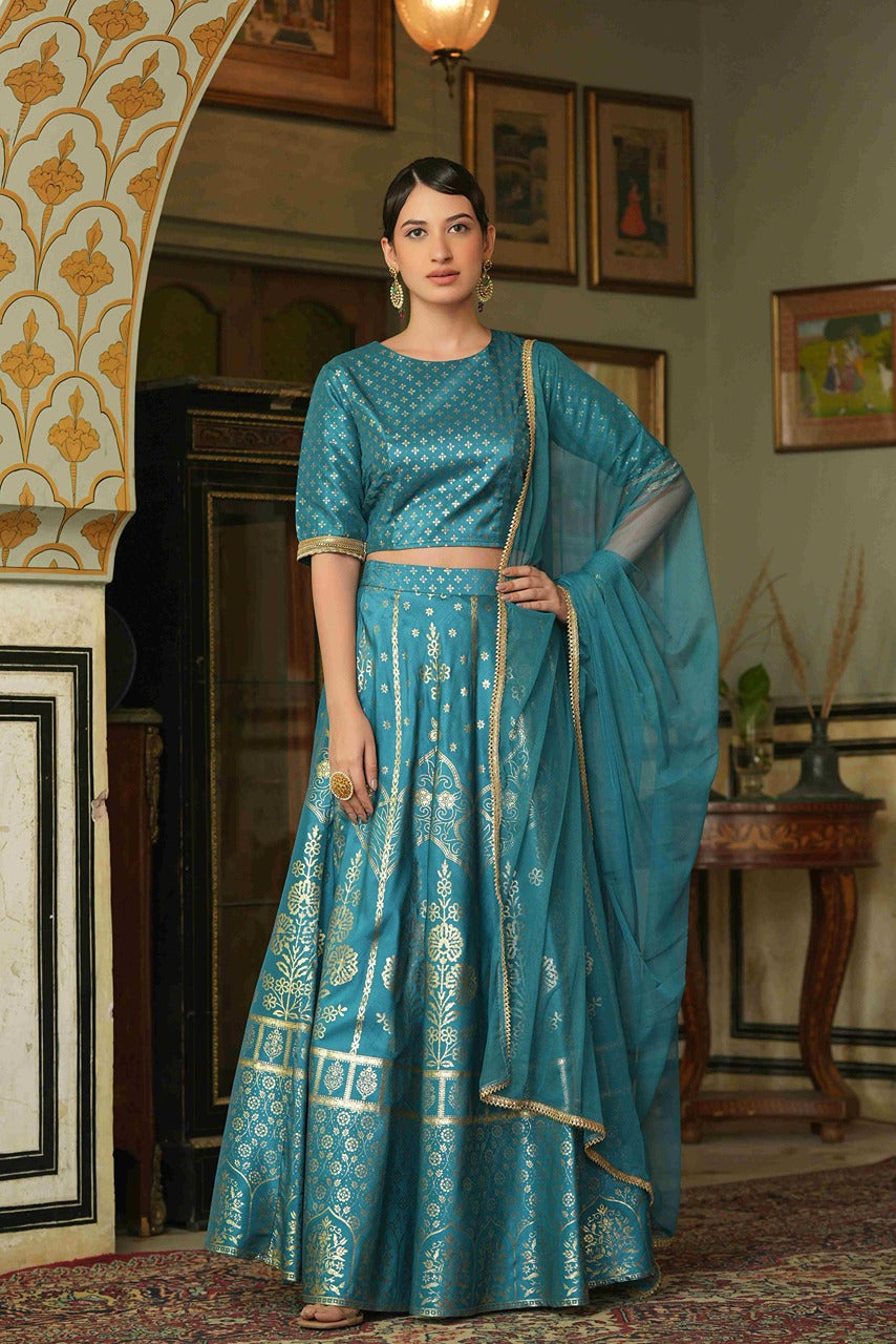 Juniper Teal Santoon Slub Festive Foil Printed Lehenga Choli Set For Women