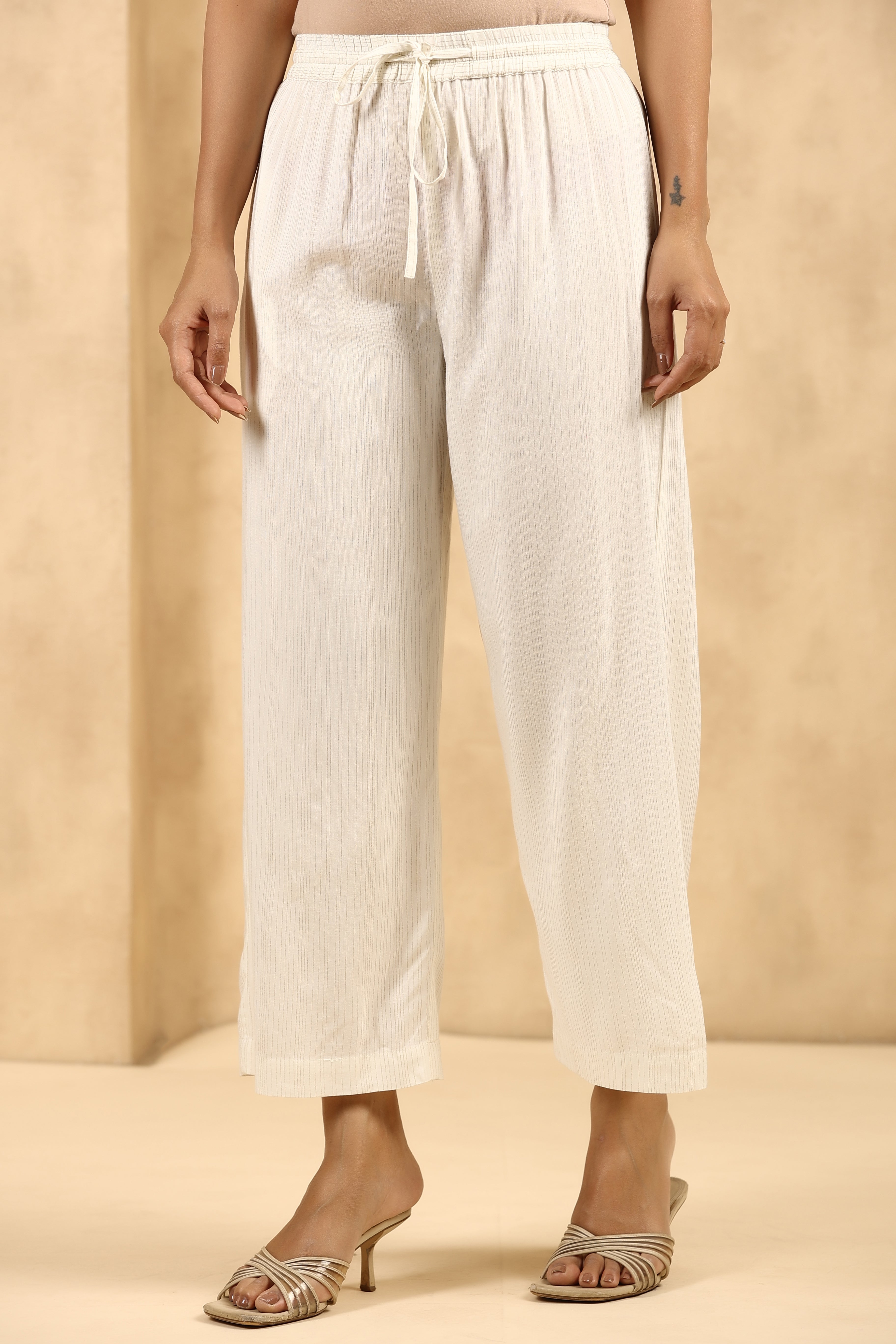Buy Off White Pleated Flared Palazzo Online - RK India Store View
