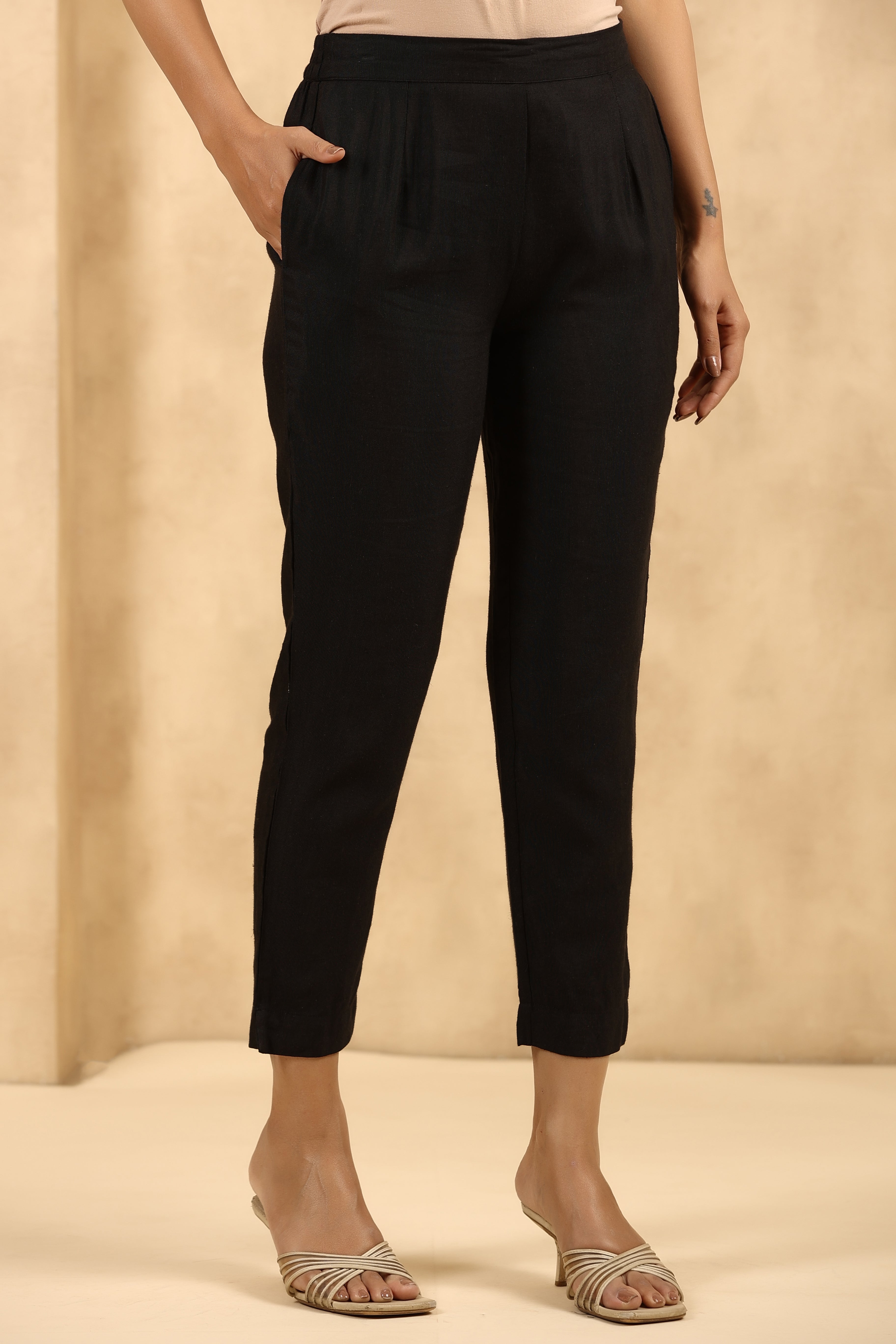 Juniper  Black Rayon Flex Solid Slim Fit Pants With Partially Elasticated Waistband