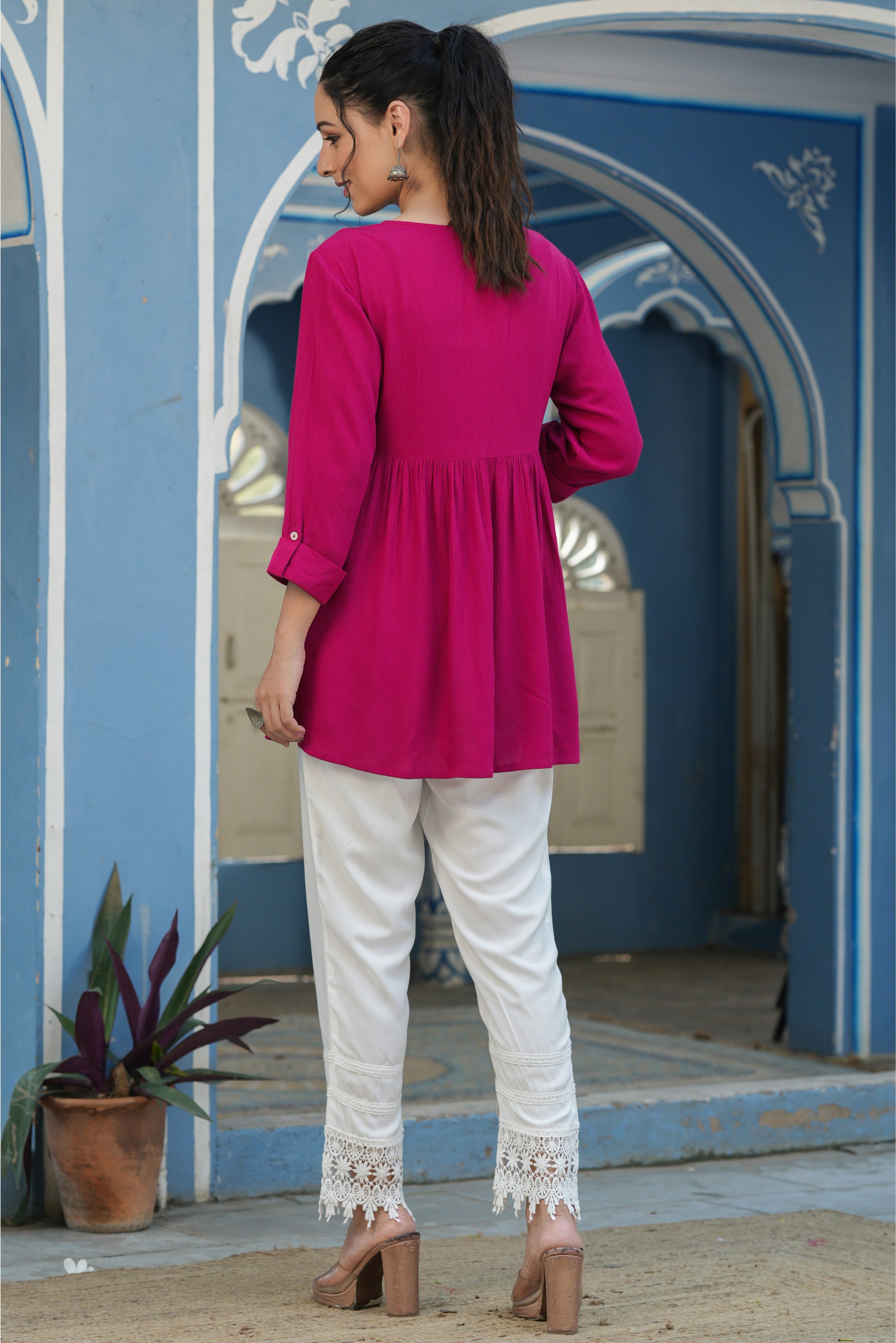 Juniper Women's Fuchsia Rayon Crepe Embroidered Fit & Flare Tunic