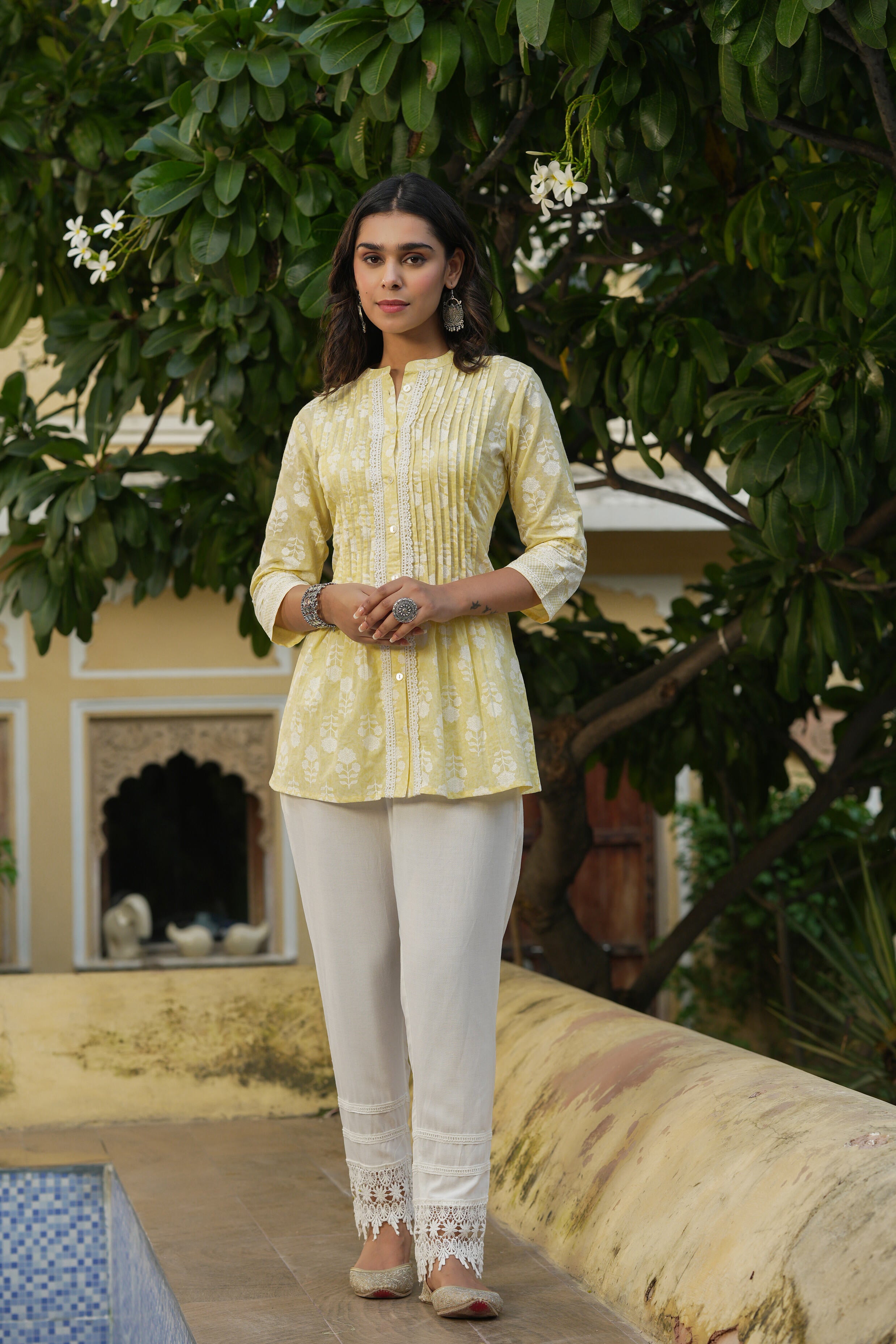 Juniper Light Yellow Ethnic Motif Pure Cotton Tunic with Lace Work