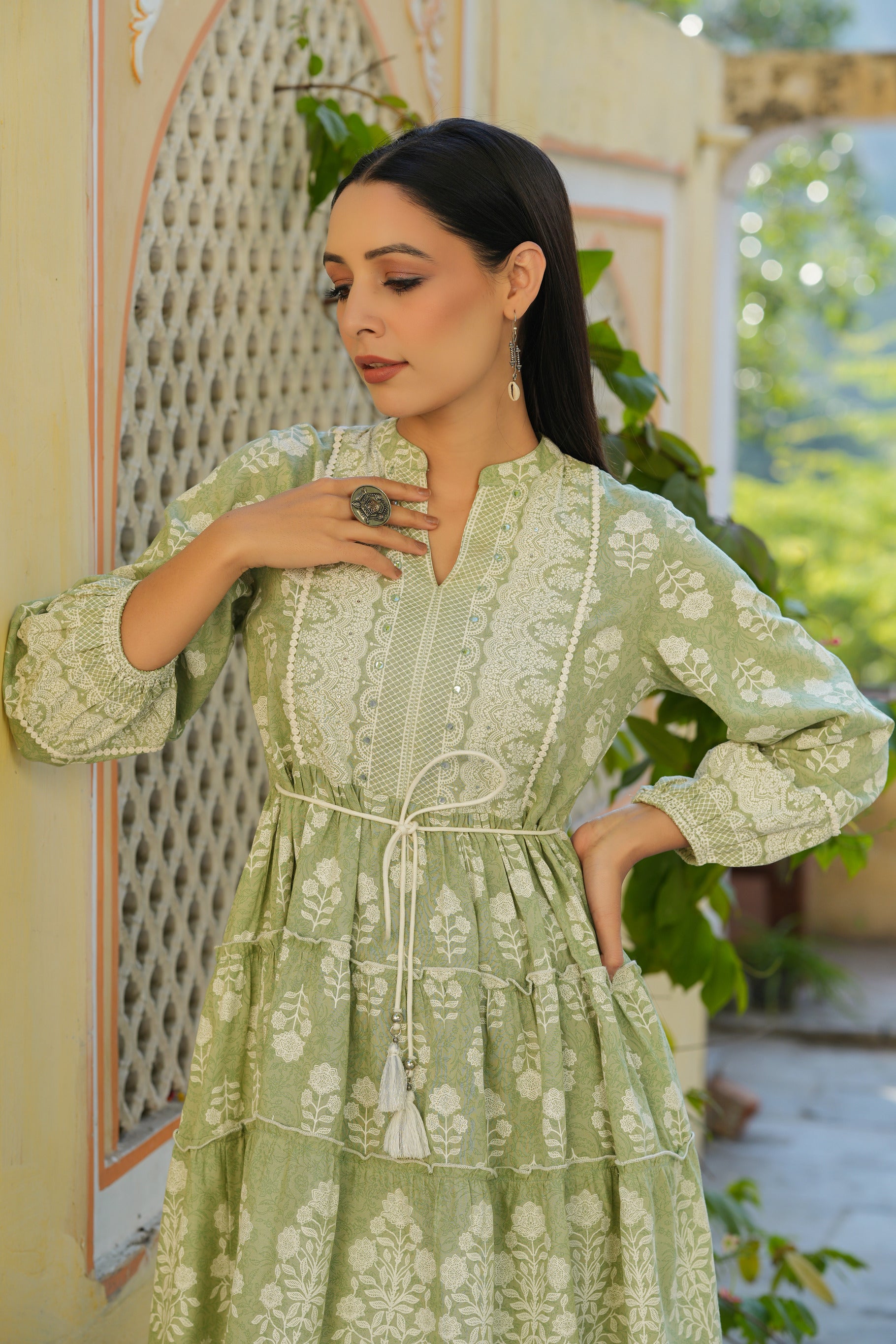 Juniper Women's Green Rayon Floral Printed Short Tiered Dress
