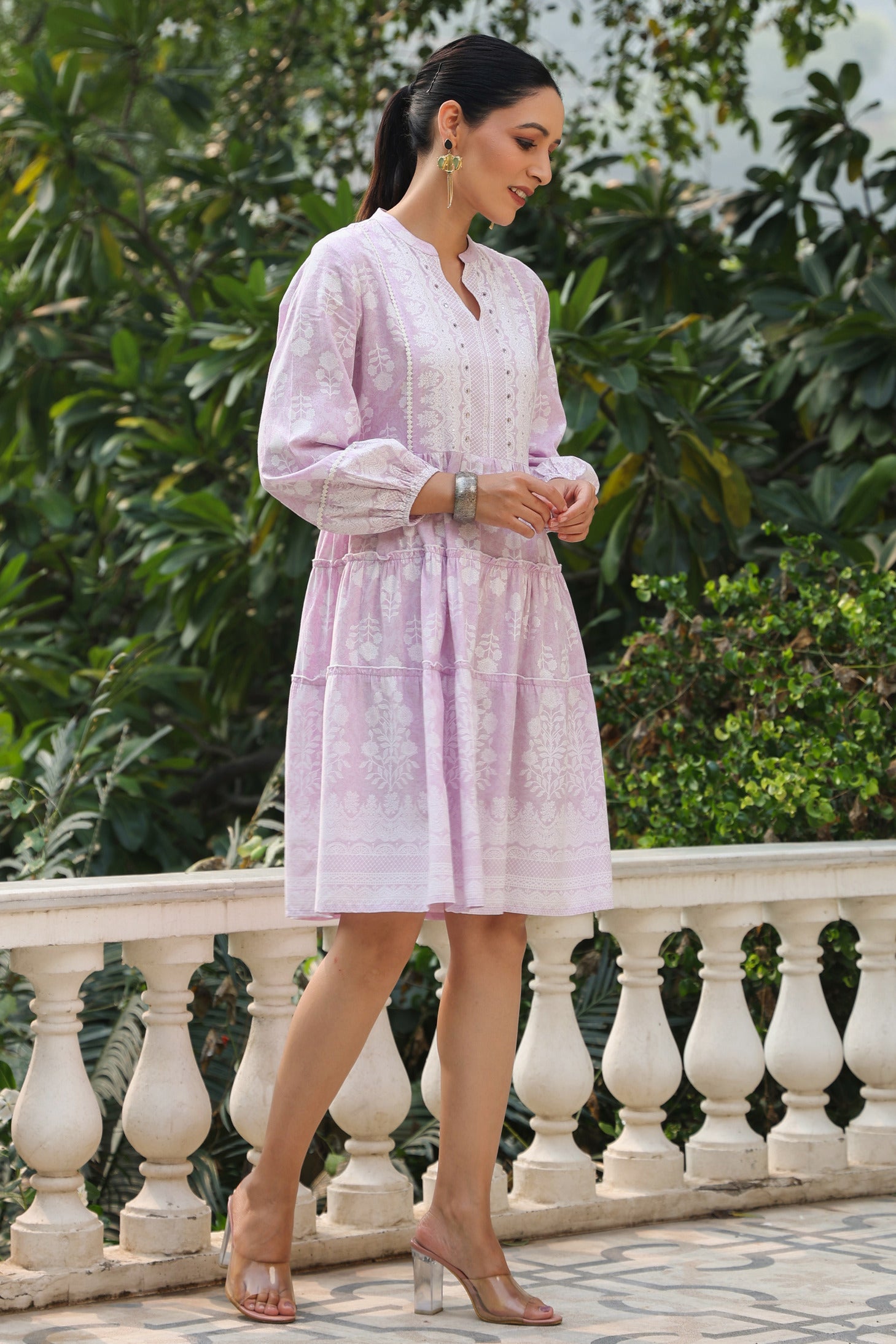 Juniper Women's Lavender LIVA Rayon Floral Printed Short Tiered Dress