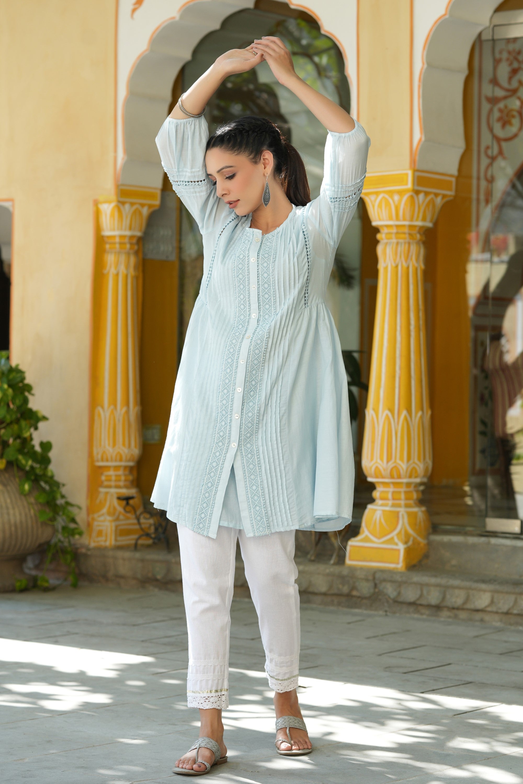 Juniper Women Sky-Blue Cotton Cambric Solid with Lace Detailing A-line Kurta