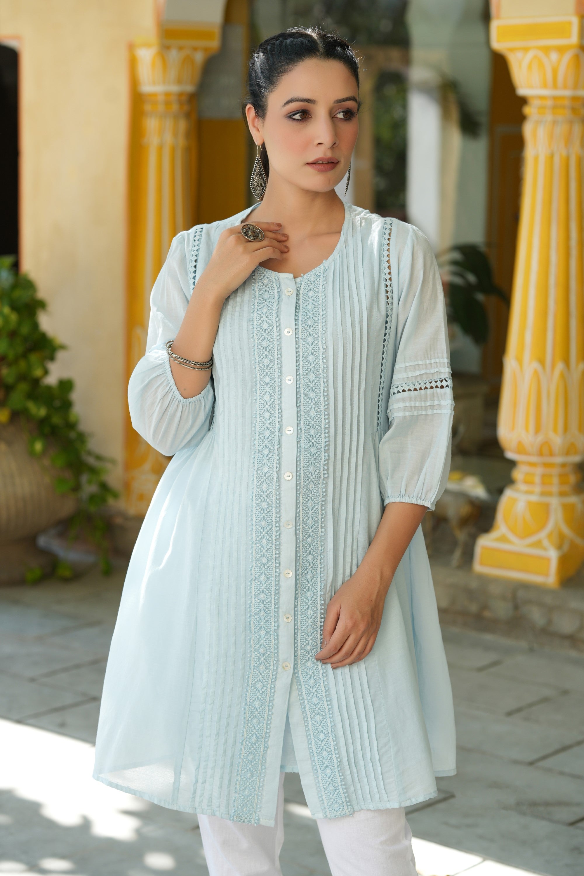 Juniper Women Sky-Blue Cotton Cambric Solid with Lace Detailing A-line Kurta