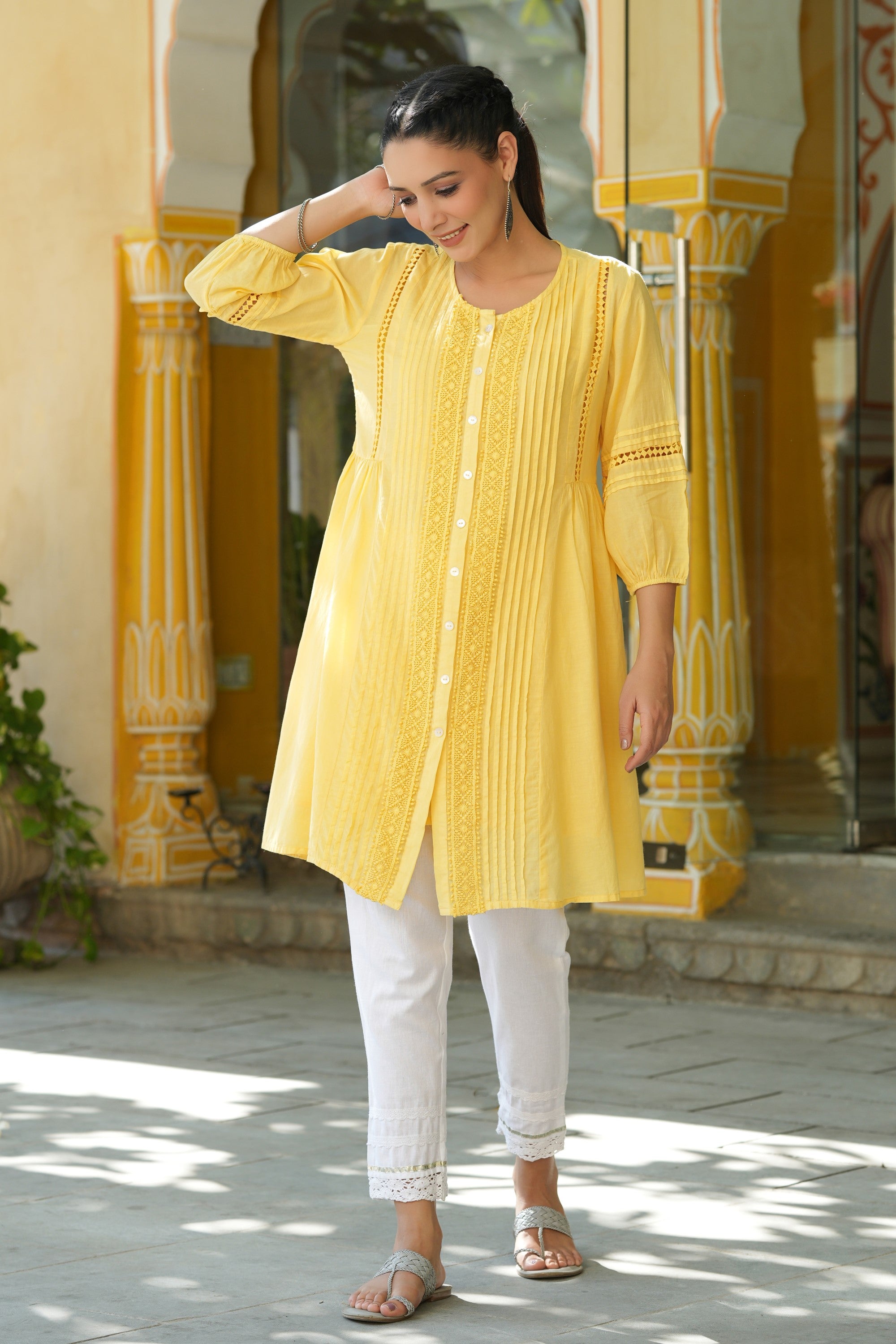 Juniper Women Yellow Cotton Cambric Solid with Lace Detailing A-line Kurta