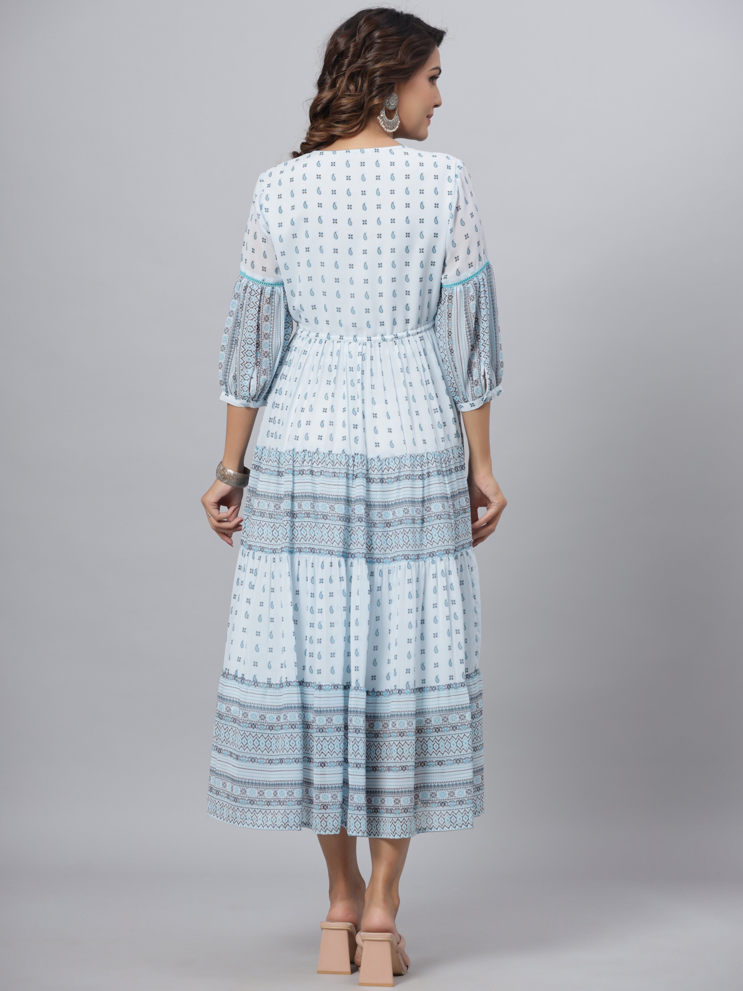 Juniper Women's Skyblue  Georgette Printed Flared Dress