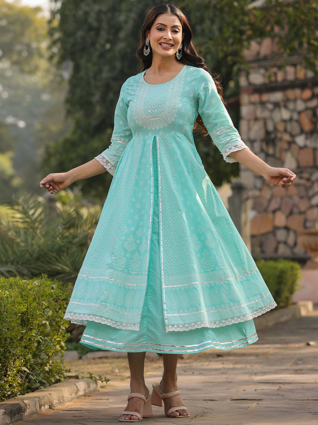 Juniper Women's Aqua Cambric Floral Printed Double Layered Kalidar Dress