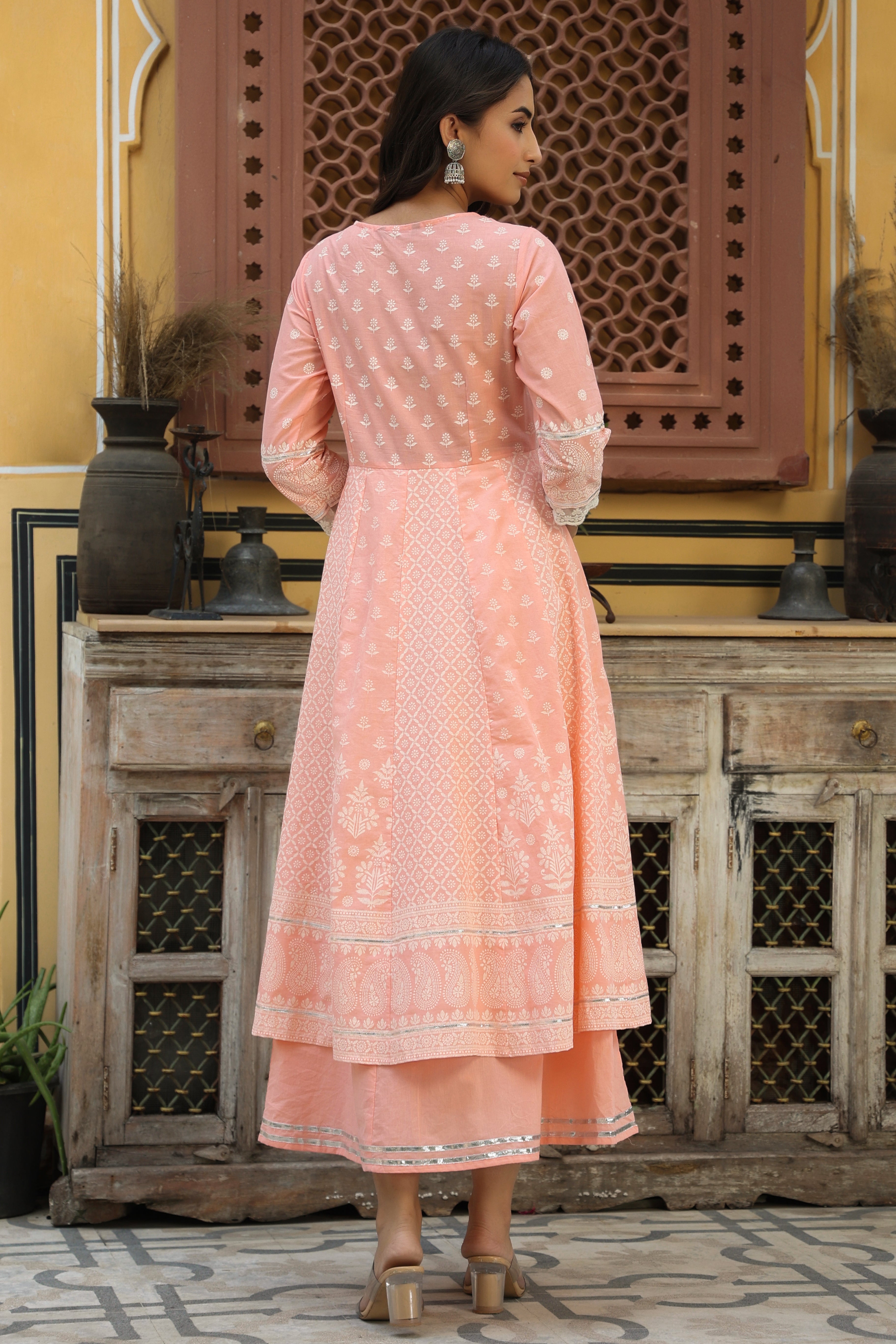 Juniper Women's Peach Cambric Printed Flared Dress