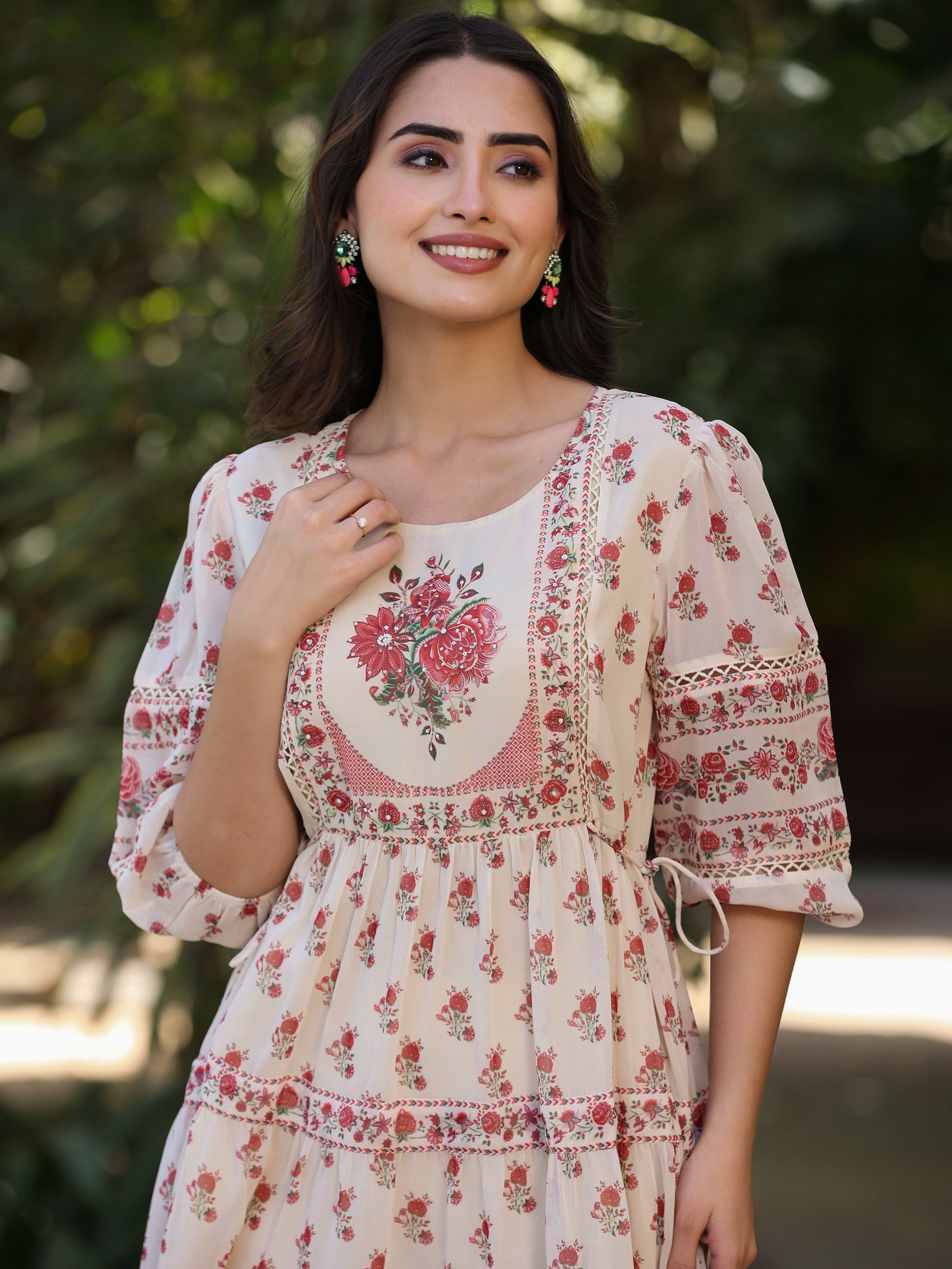 Juniper Women Ecru Georgette Floral Placement Printed Tiered Dress