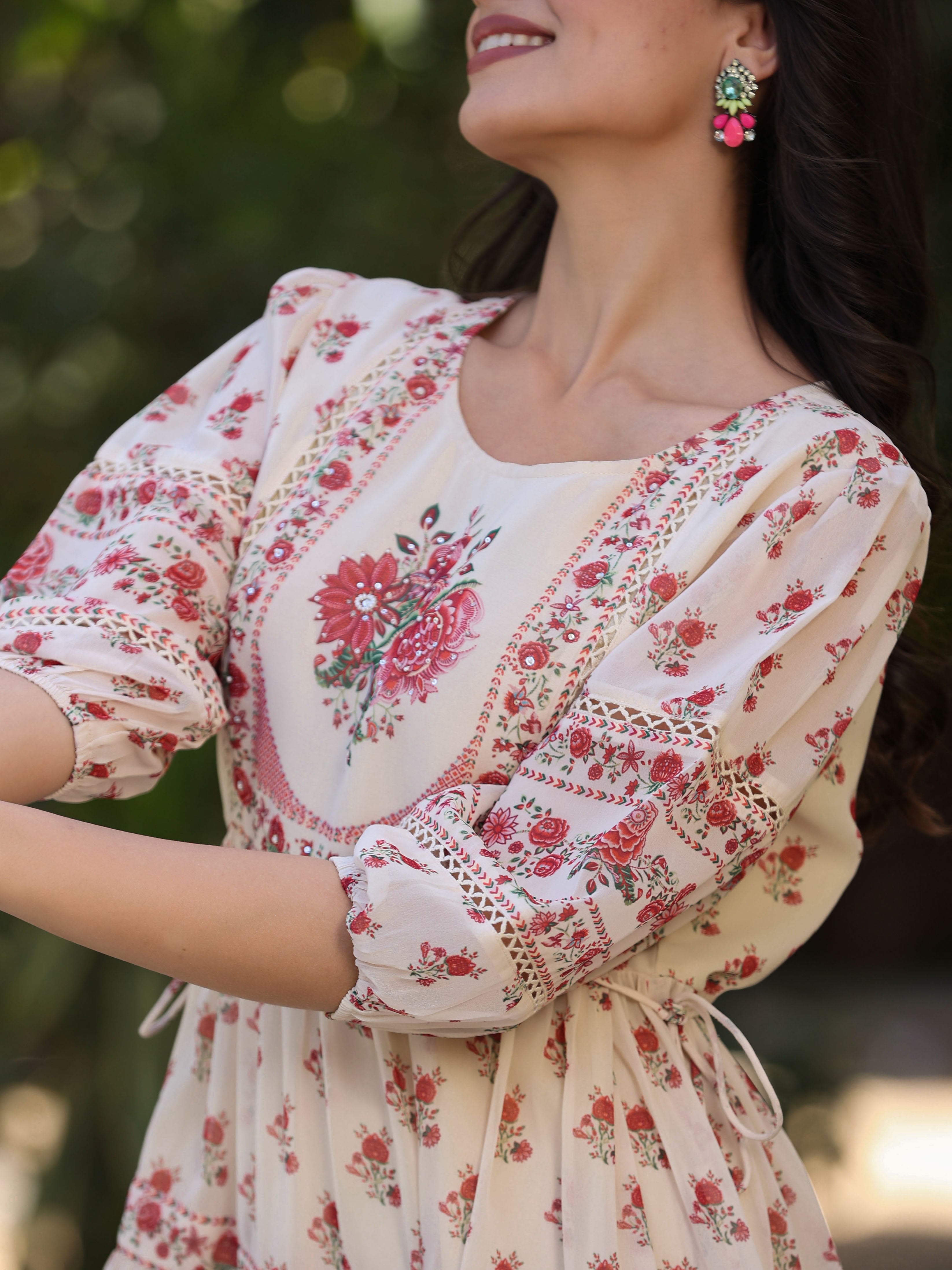 Juniper Women Ecru Georgette Floral Placement Printed Tiered Dress