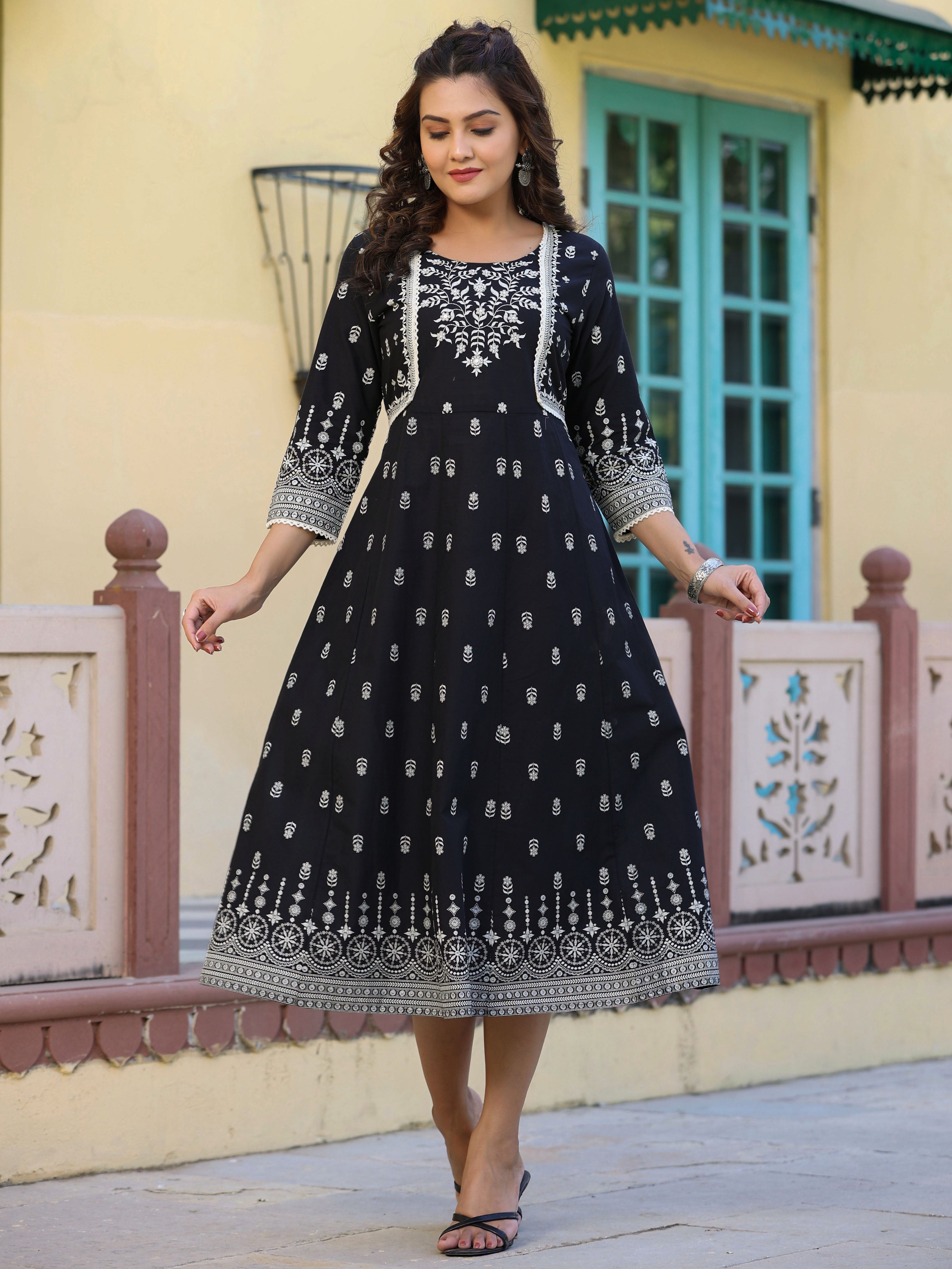Juniper Women's Black Cambric Printed Anarkali Flared Dress